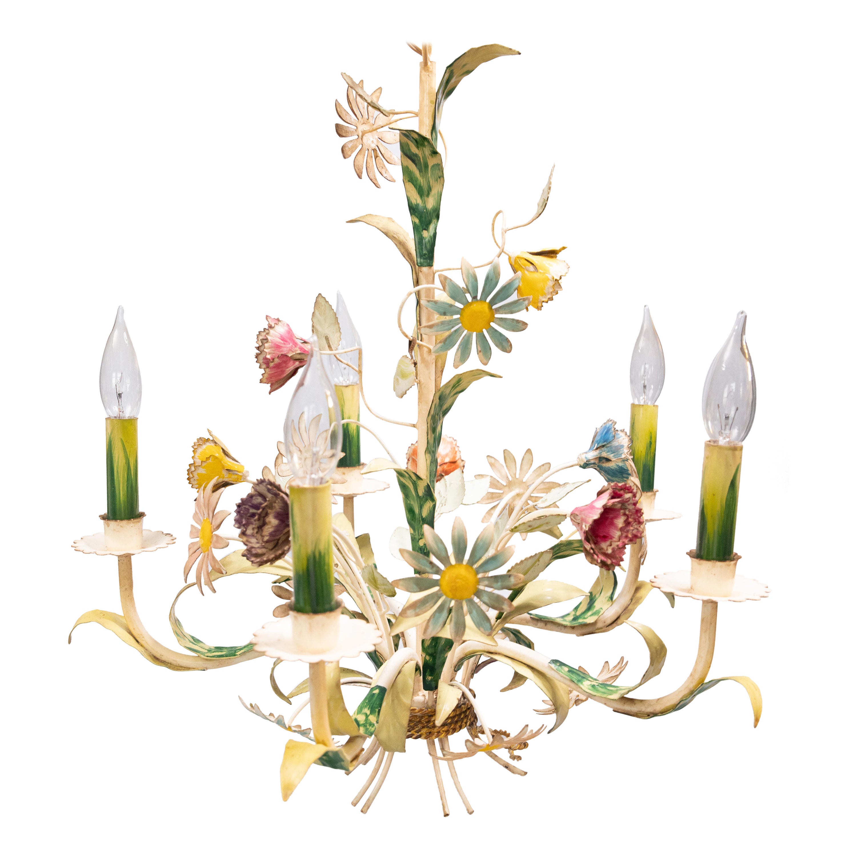 Vintage Italian Tole Floral Wildflowers Chandelier, circa 1950