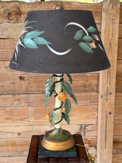 Vintage Italian Tole Lemon Table Lamp by Sarreid With Hand Painted Signed Shade