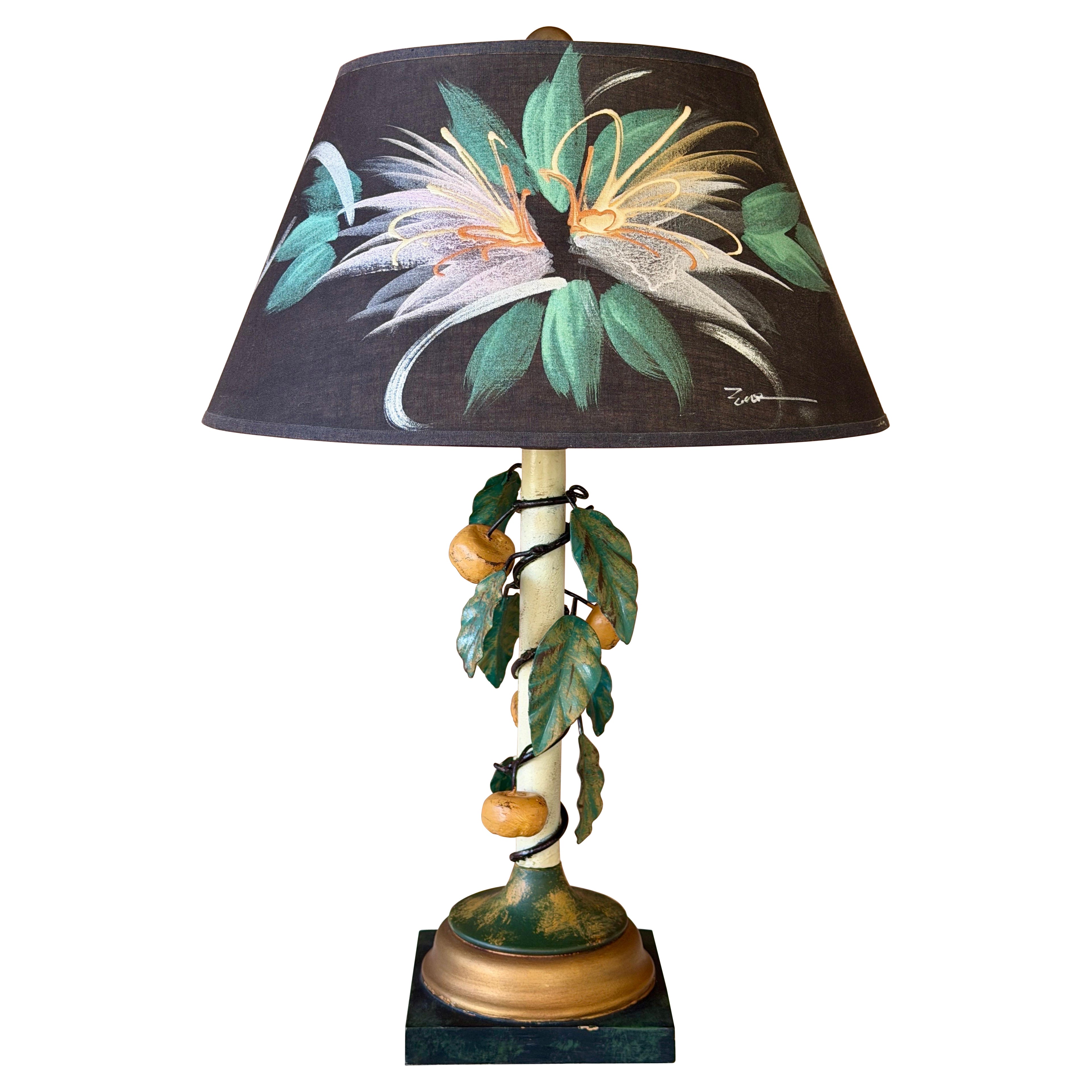 Vintage Italian Tole Lemon Table Lamp by Sarreid With Hand Painted Signed Shade