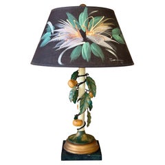 Vintage Italian Tole Lemon Table Lamp by Sarreid With Hand Painted Signed Shade