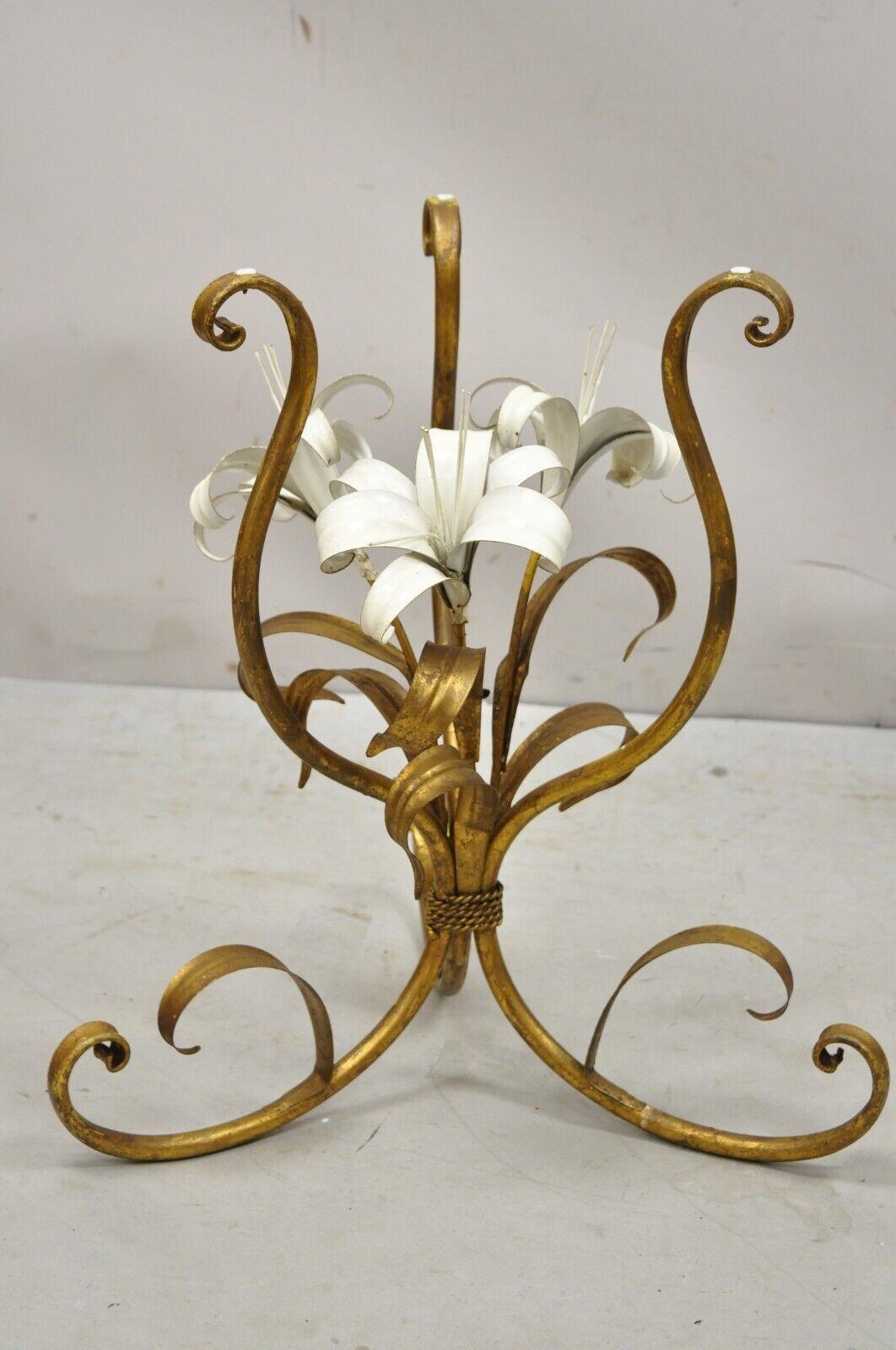 Vintage Italian Tole Metal Gold Gilt White Flower Round Glass Top Side Table 3