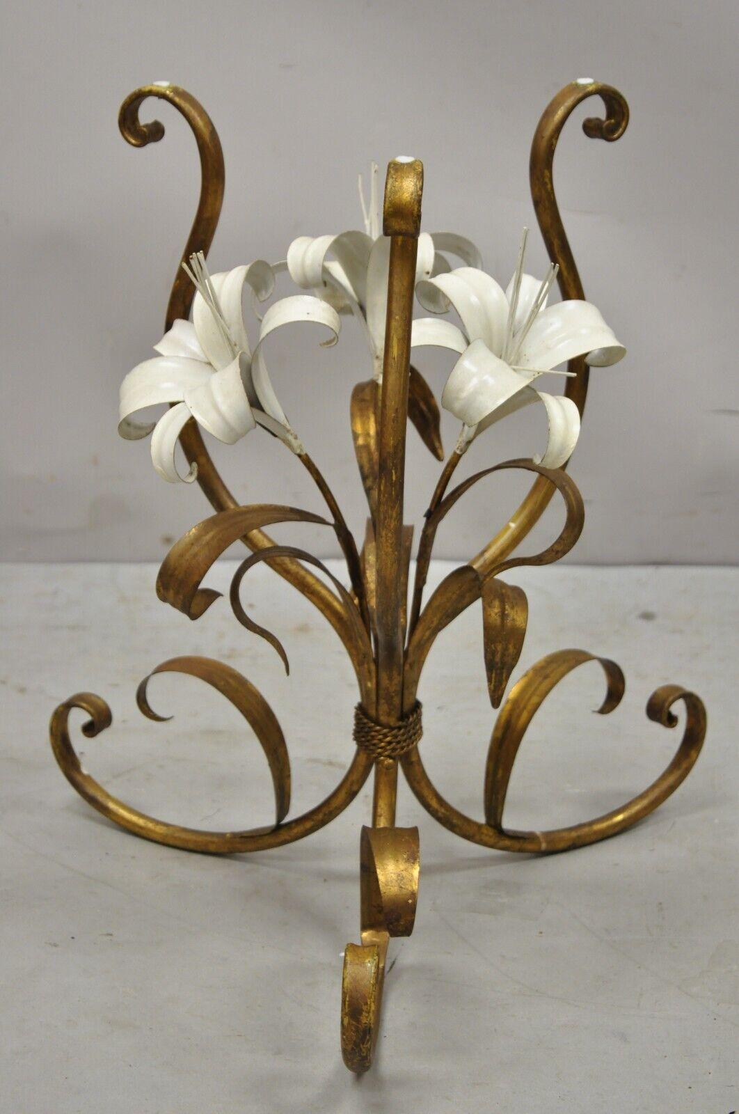 Hollywood Regency Vintage Italian Tole Metal Gold Gilt White Flower Round Glass Top Side Table