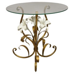 Vintage Italian Tole Metal Gold Gilt White Flower Round Glass Top Side Table