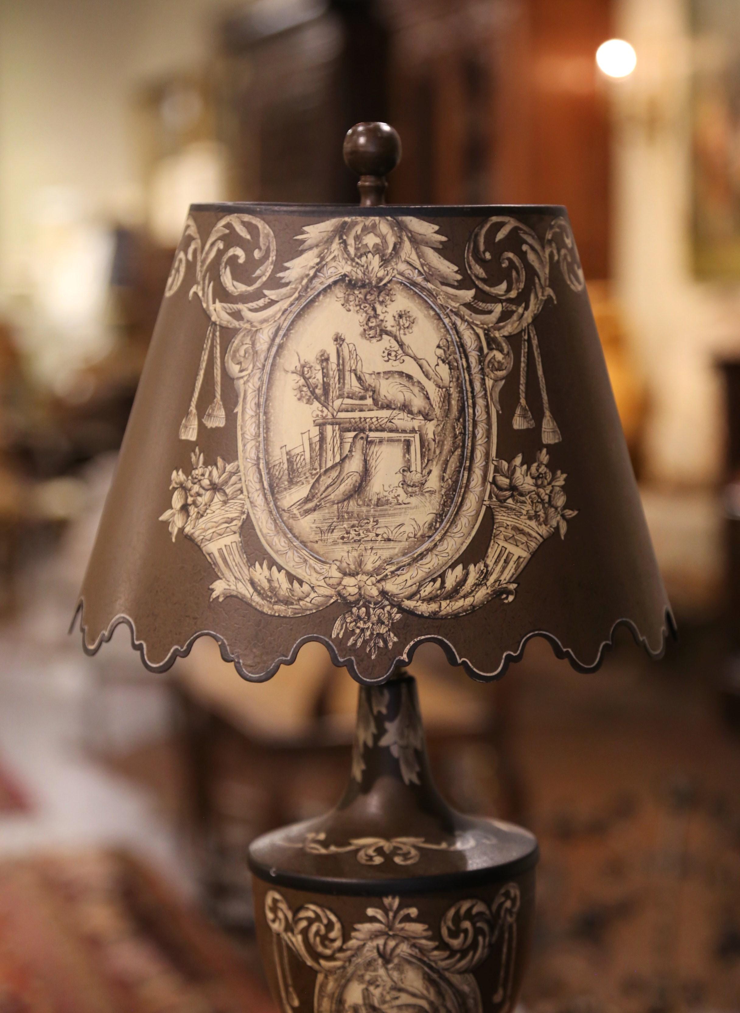 Napoleon III Vintage Italian Tole Metal Painted Table Lamp with Farm Scene Decor