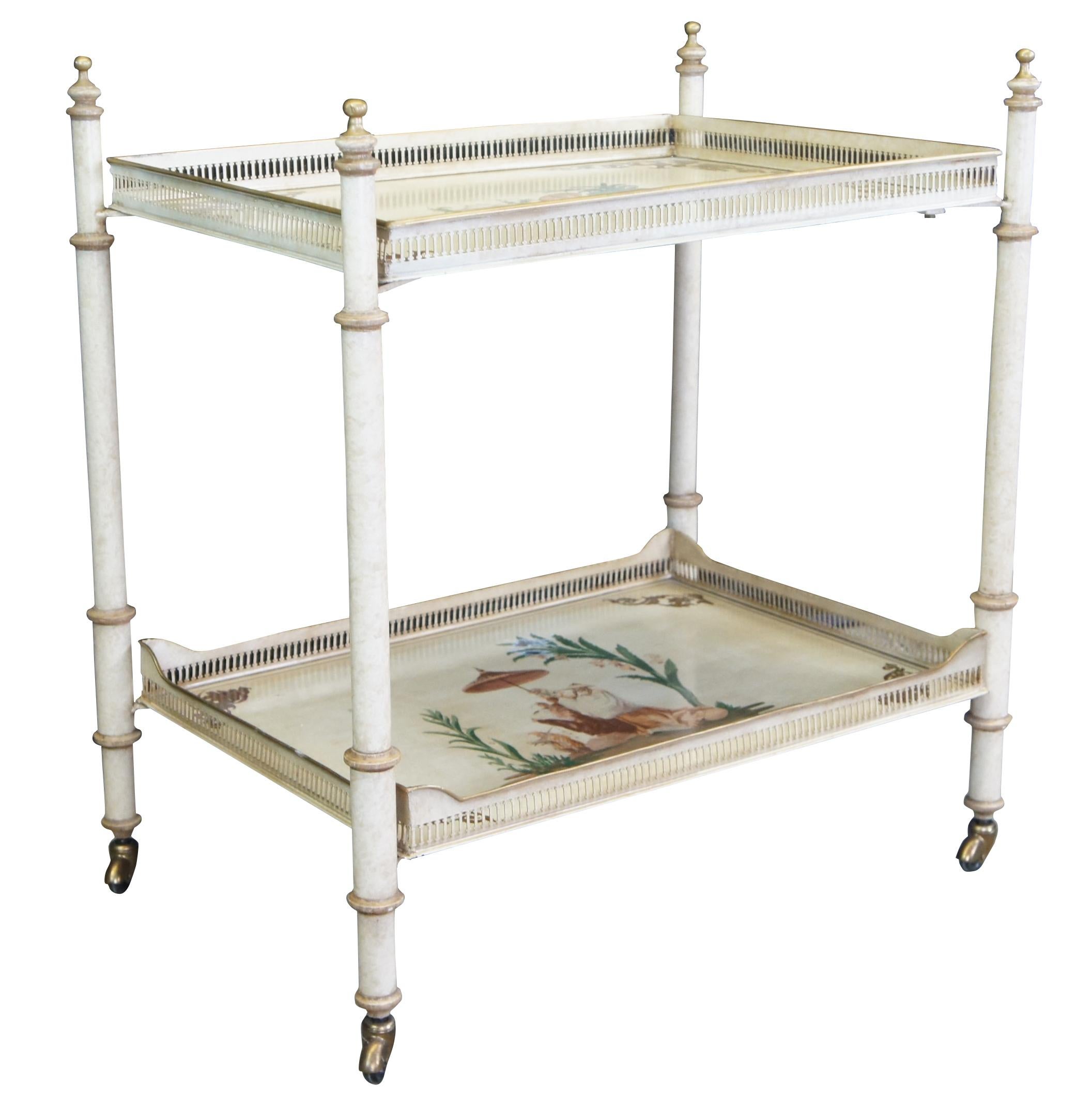 Vintage Italian Bar cart, beverage trolley or dry bar, circa 1970s. Features a two tier removable tray table design with pierced galleries and hand painted oriental scenes. Finished in a mottled off white with golden trim. 

Measures: 19.5