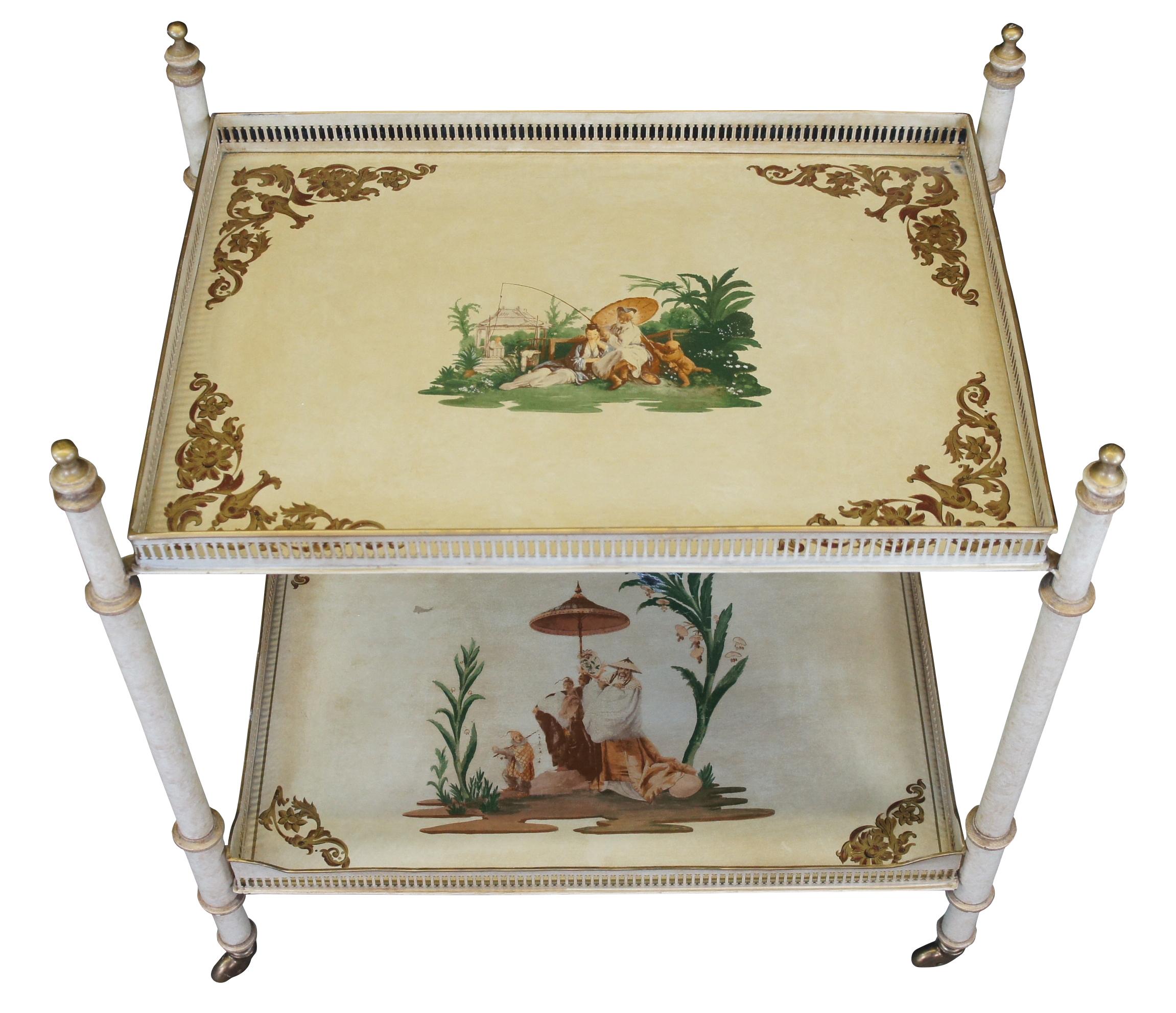 Chinoiserie Vintage Italian Tole Painted 2 Tier Beverage Serving Cart Removable Tray Tables