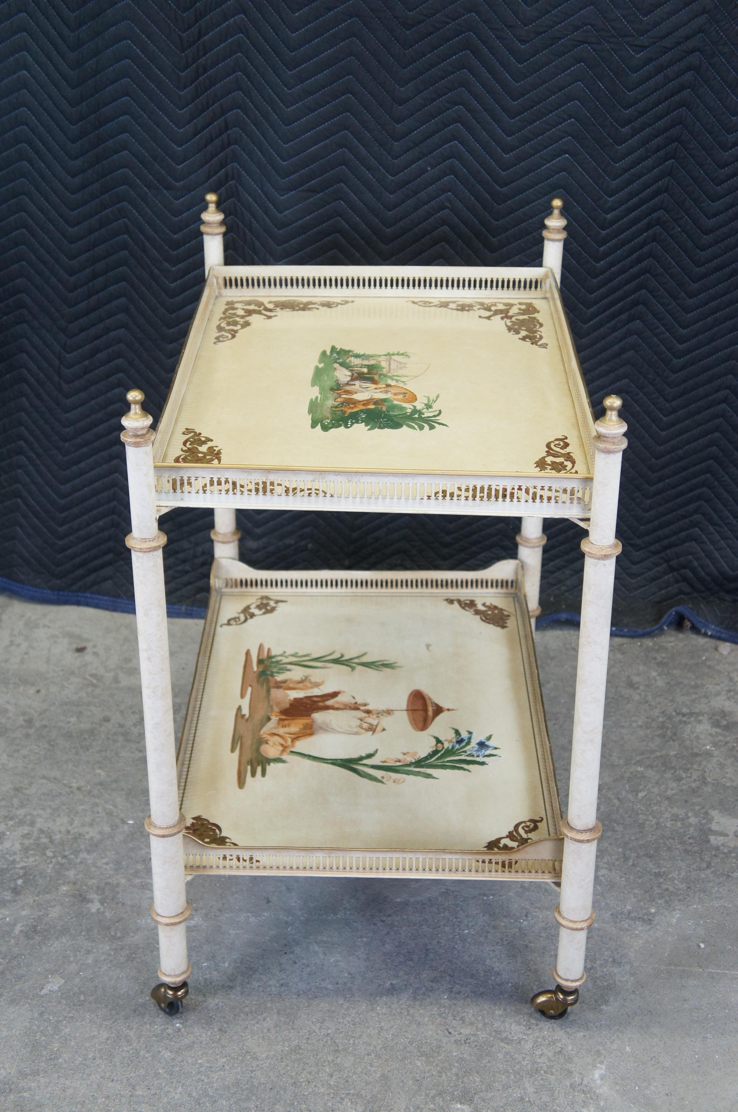 Late 20th Century Vintage Italian Tole Painted 2 Tier Beverage Serving Cart Removable Tray Tables