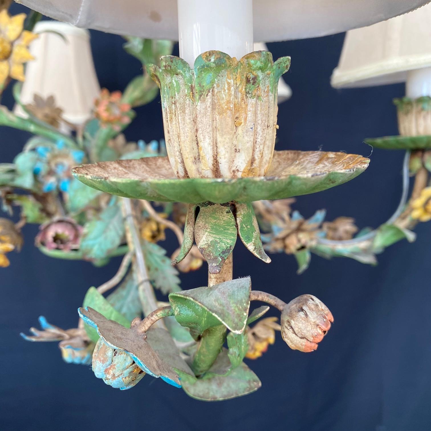  Vintage Italian Tole Painted Floral 6 Arm Chandelier  In Good Condition For Sale In Hopewell, NJ