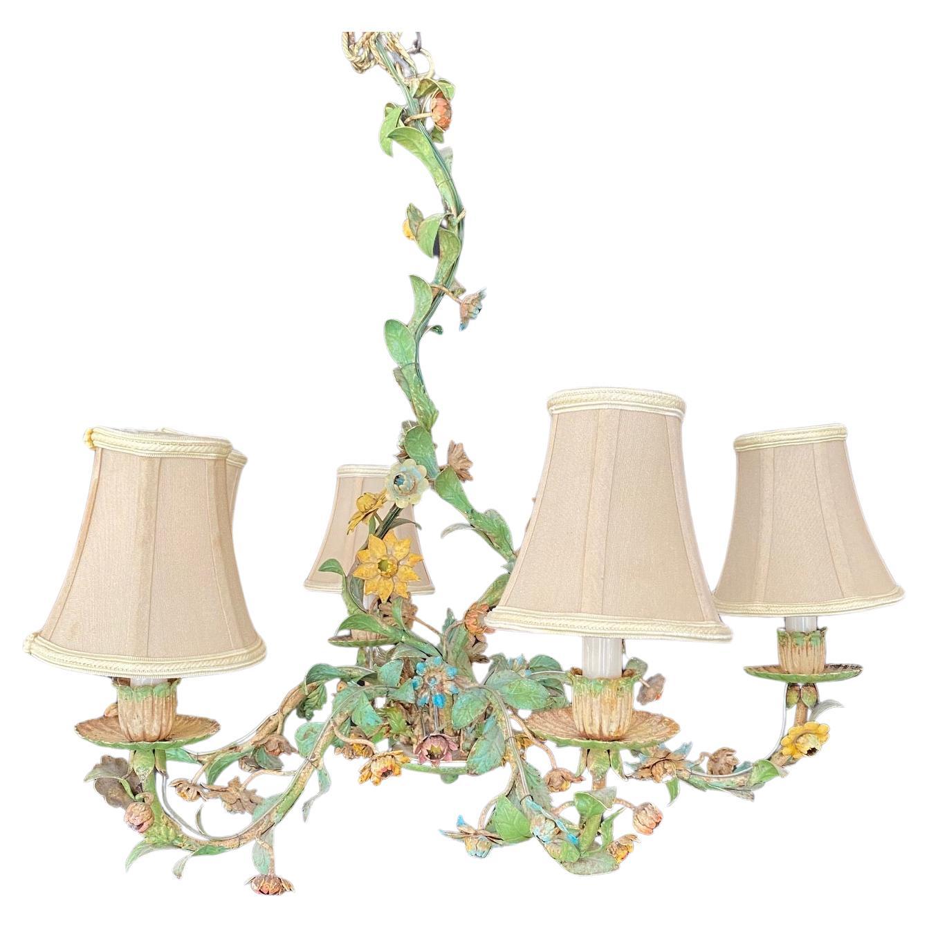  Vintage Italian Tole Painted Floral 6 Arm Chandelier  For Sale