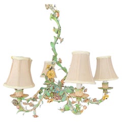 Vintage Italian Tole Painted Floral 6 Arm Chandelier
