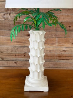 Vintage Italian Tole Palm Table Lamp With Sculptural White Ceramic Column Base