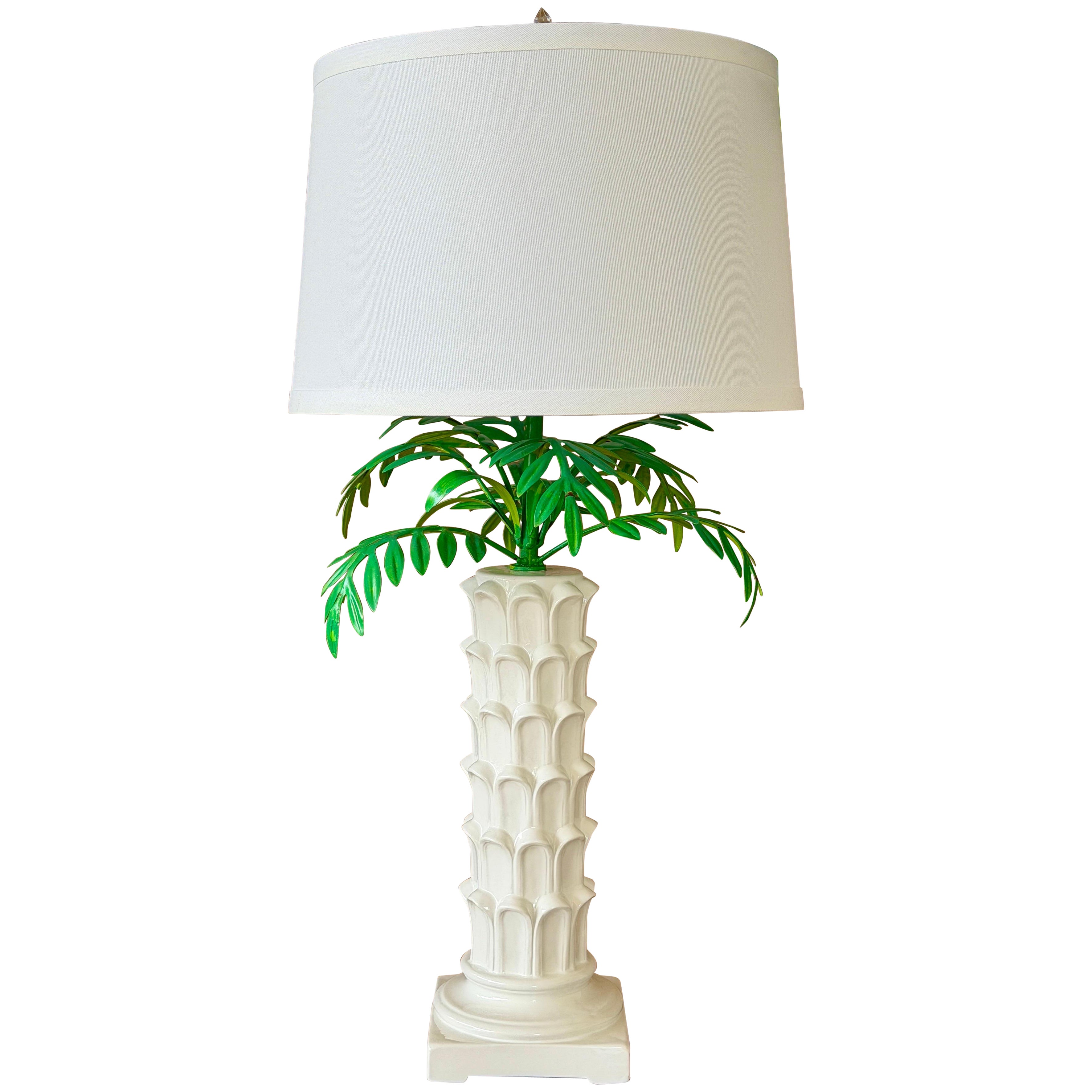 Vintage Italian Tole Palm Table Lamp With Sculptural White Ceramic Column Base