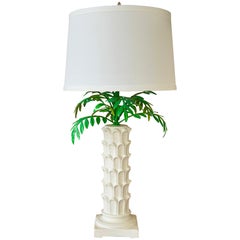 Vintage Italian Tole Palm Table Lamp With Sculptural White Ceramic Column Base