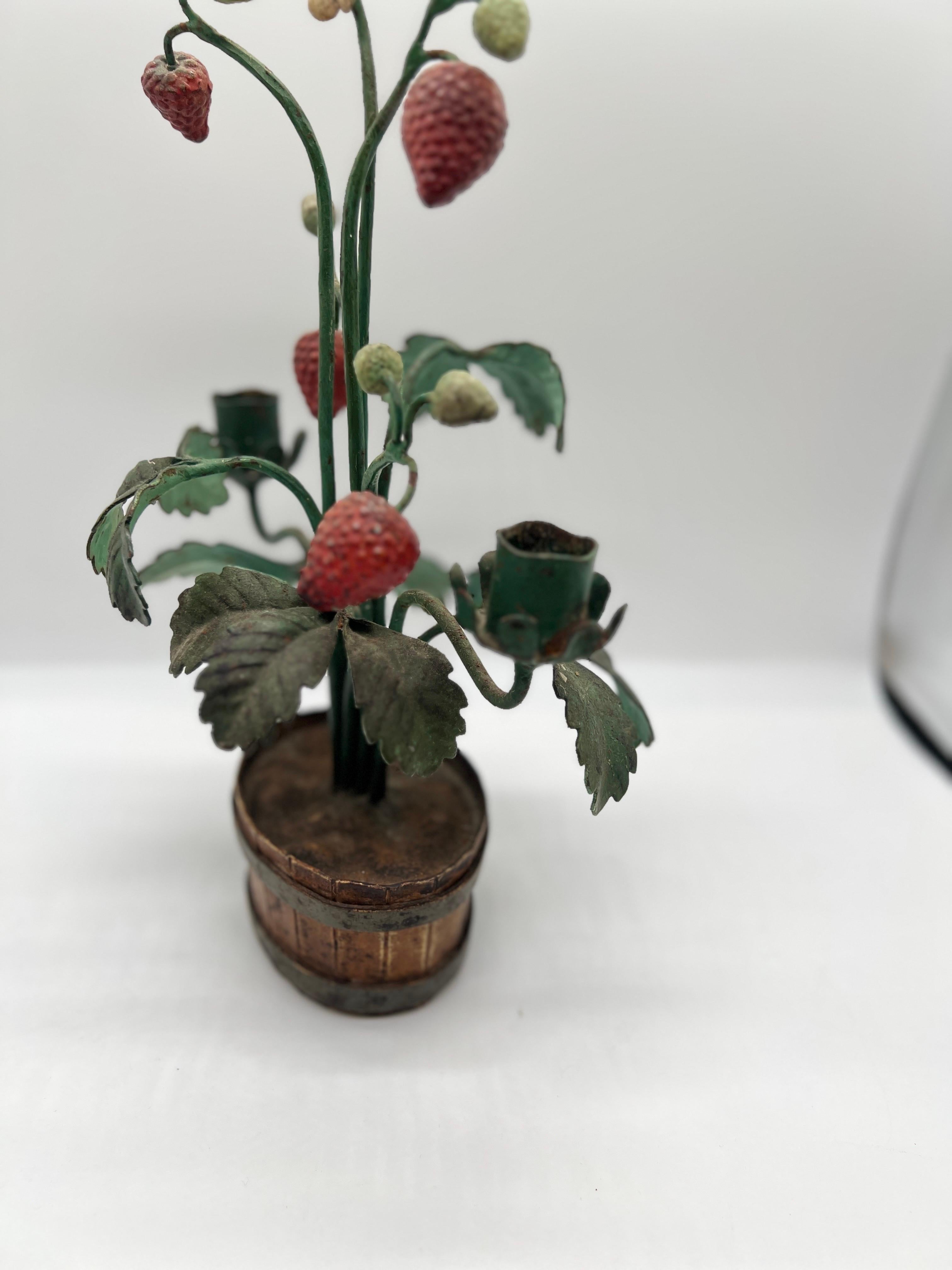 Metal Vintage Italian Tole Strawberry Topiary Candlestick For Sale