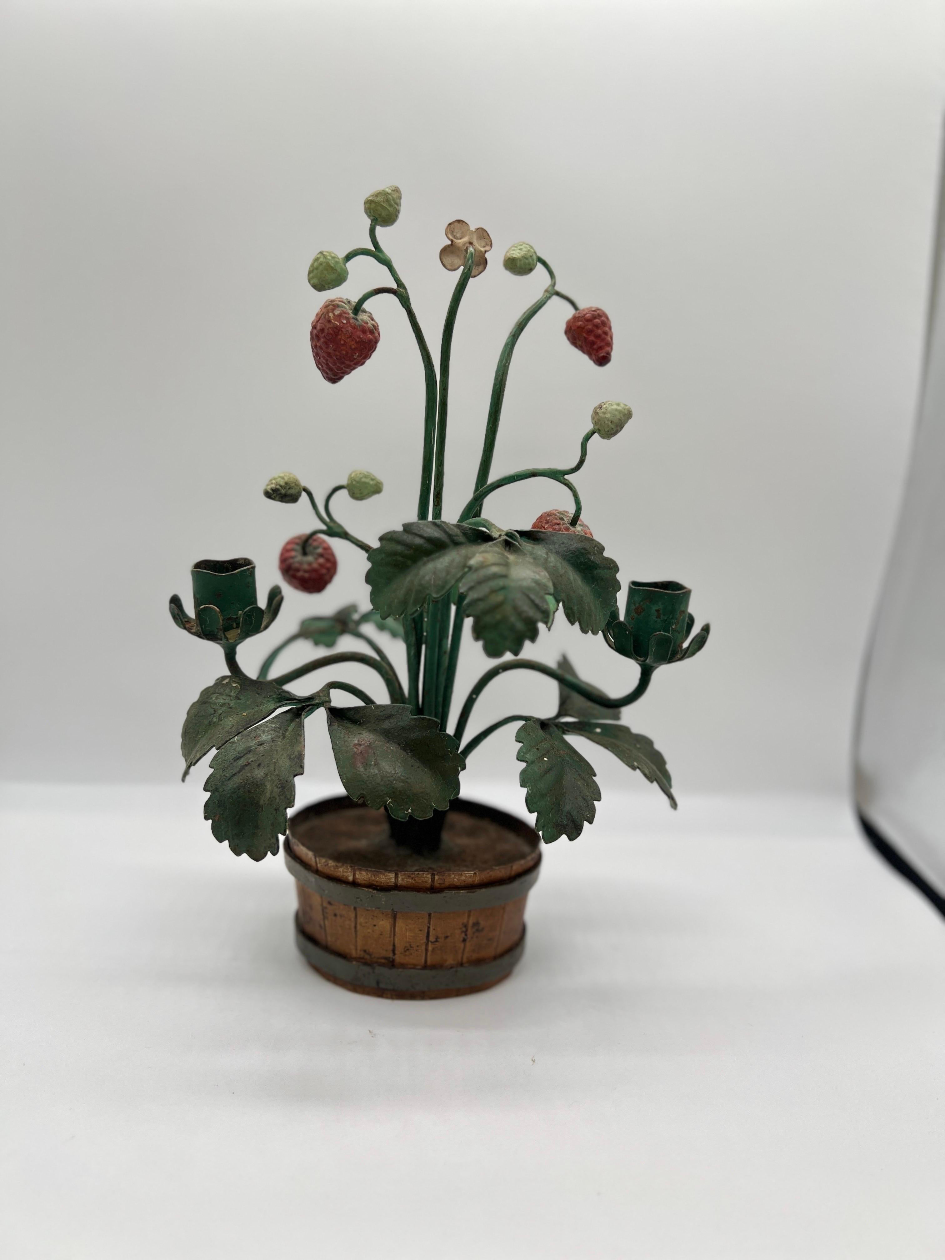 Vintage Italian Tole Strawberry Topiary Candlestick For Sale 1