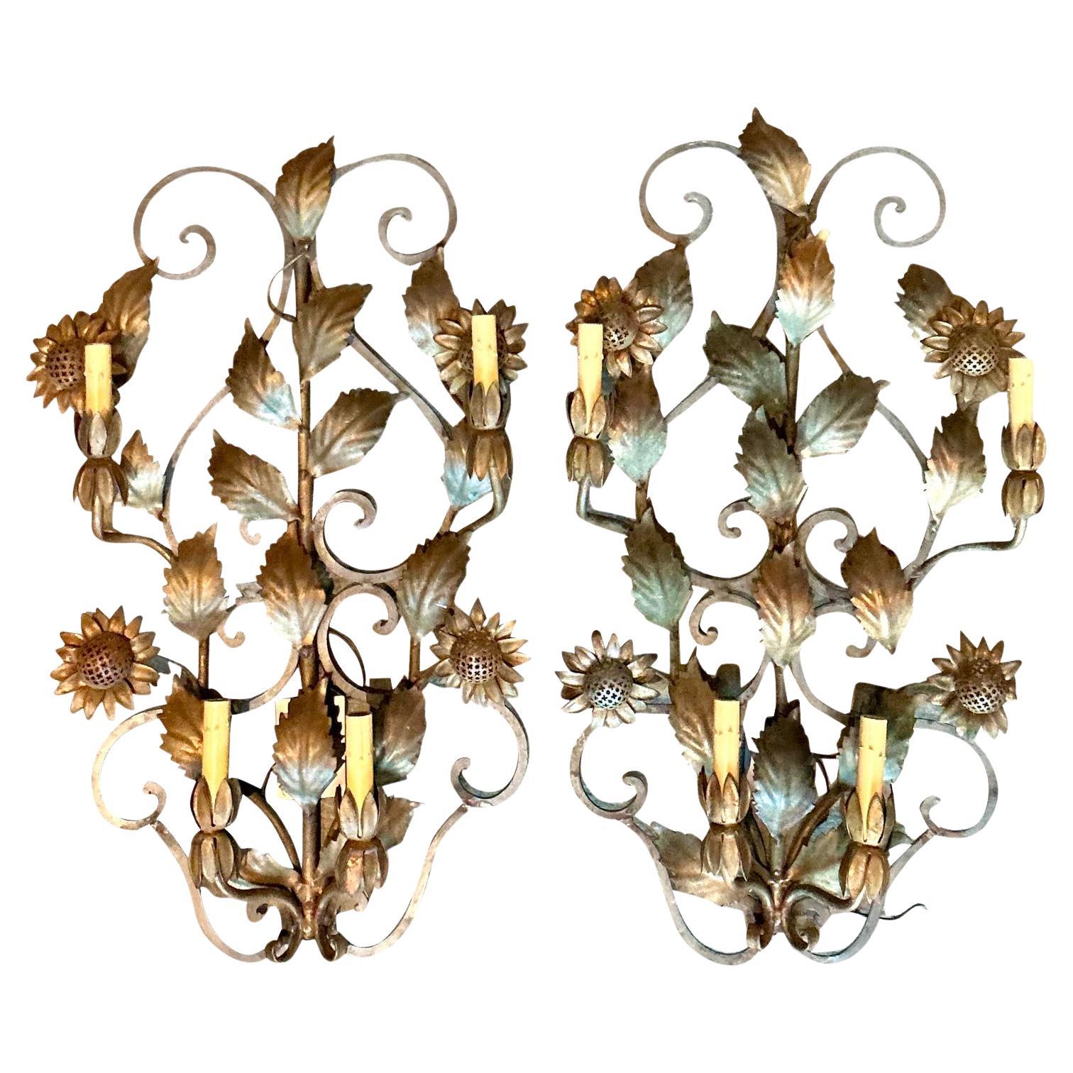 Vintage Italian Tole Sunflower Light Sconces - A Pair For Sale