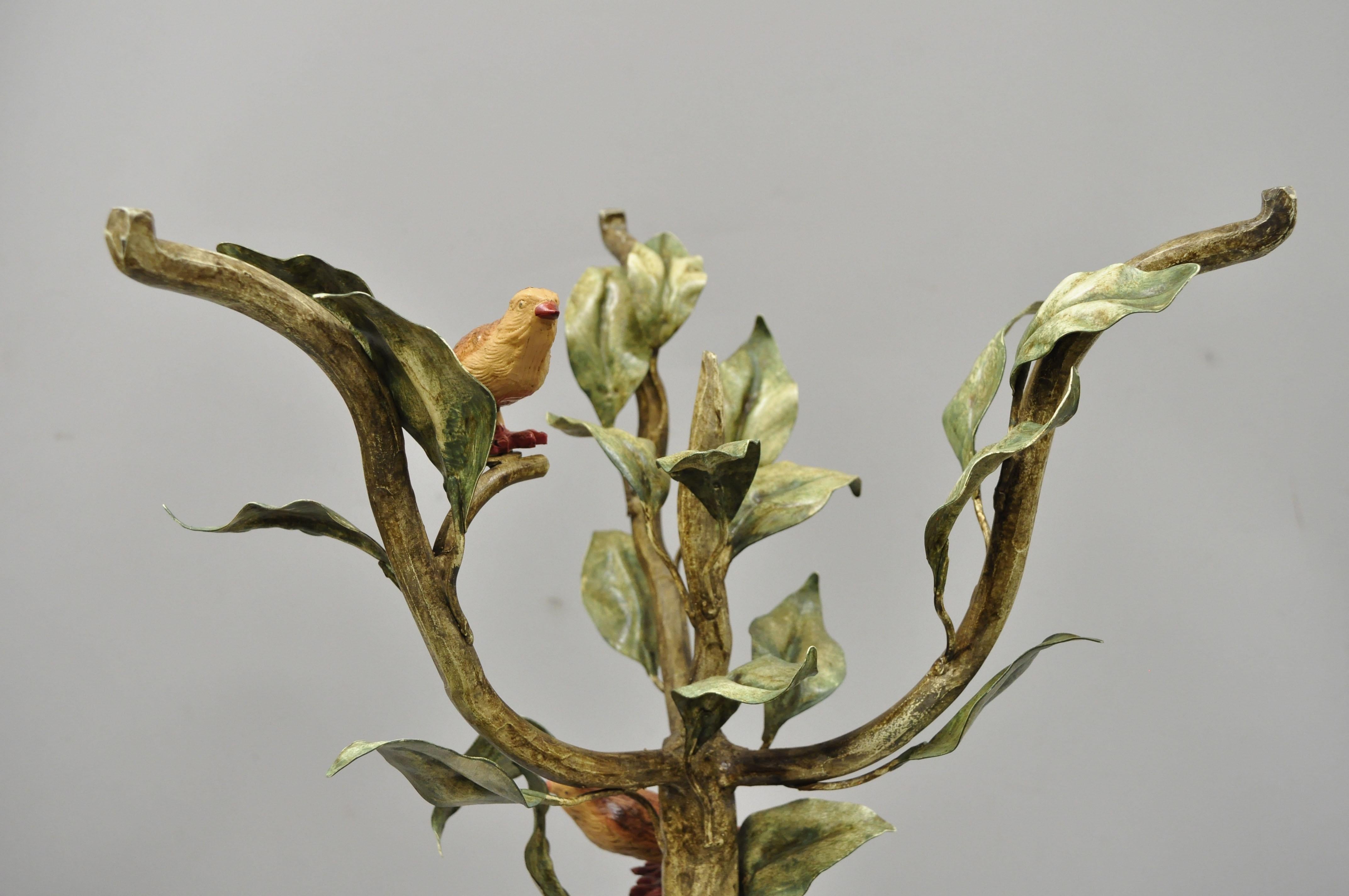 Folk Art Vintage Italian Toleware Tole Metal Bird Tree Round Glass Top Accent Side Table