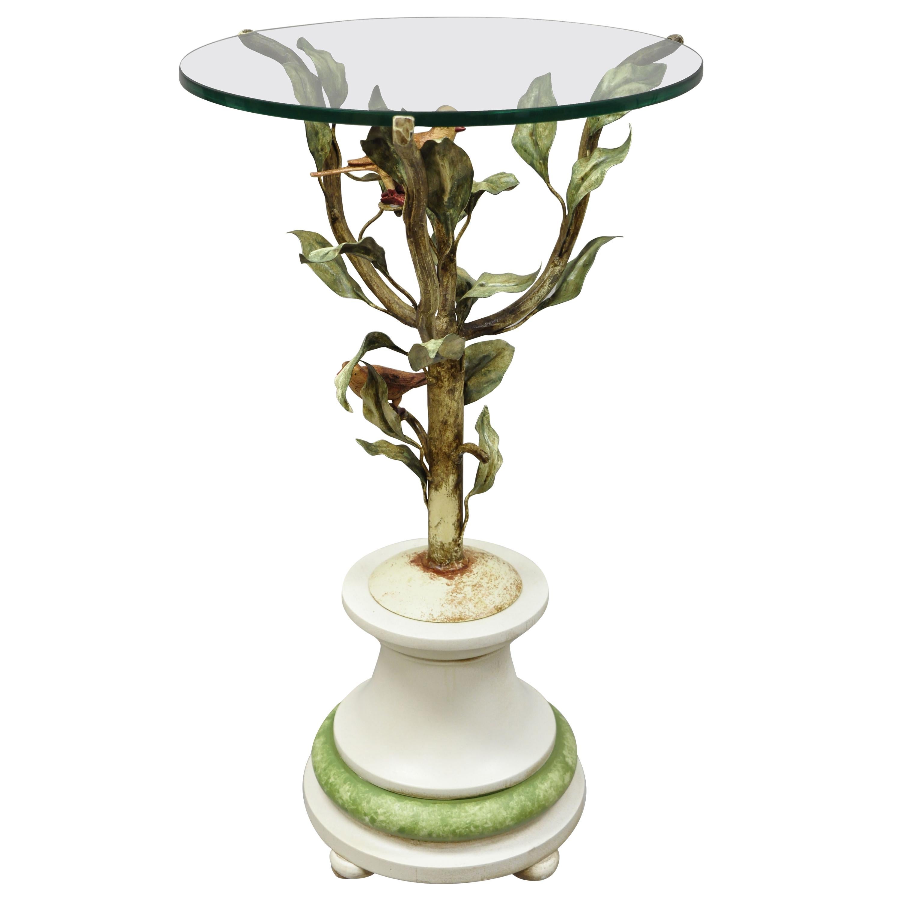 Vintage Italian Toleware Tole Metal Bird Tree Round Glass Top Accent Side Table