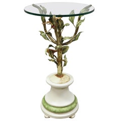 Vintage Italian Toleware Tole Metal Bird Tree Round Glass Top Accent Side Table