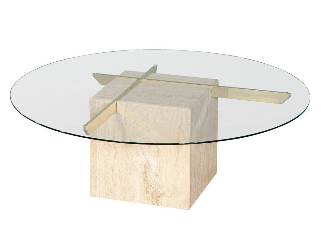 Mid-Century Modern Vintage Italian Travertine and Glass Top Cocktail Table For Sale