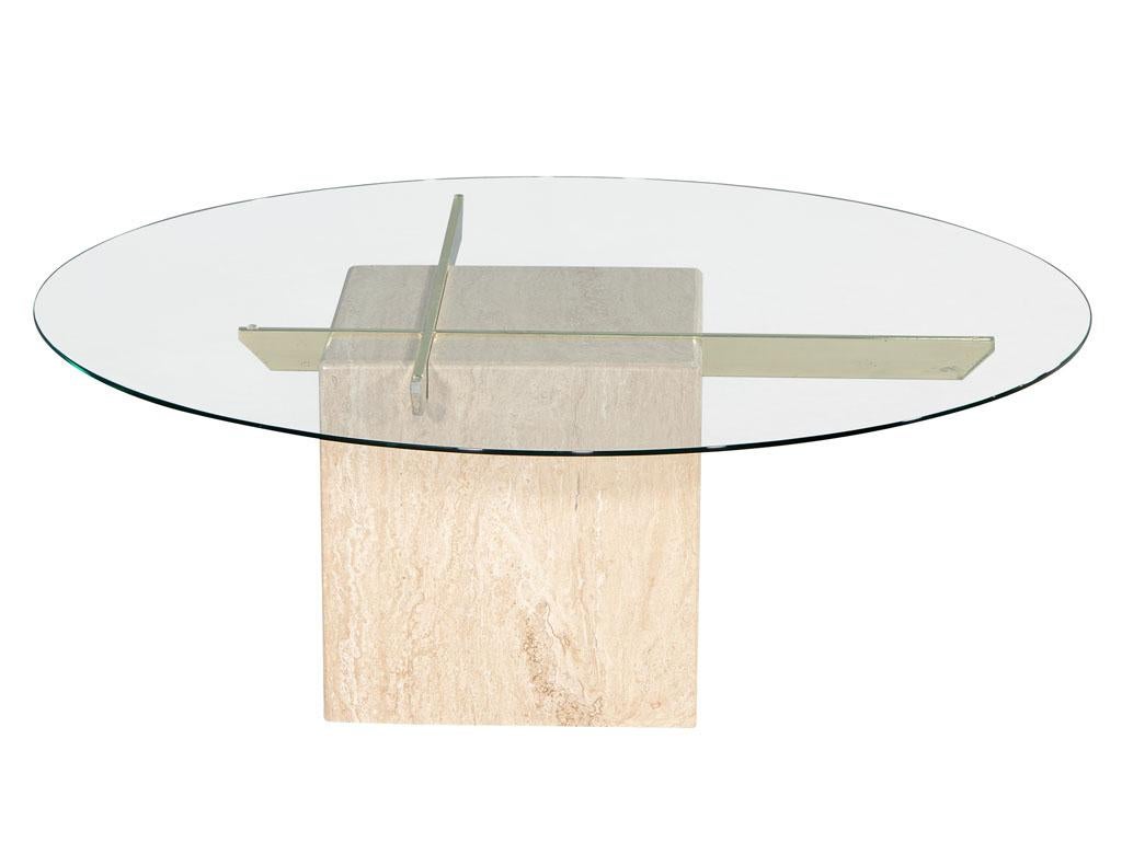 Vintage Italian Travertine and Glass Top Cocktail Table For Sale 1