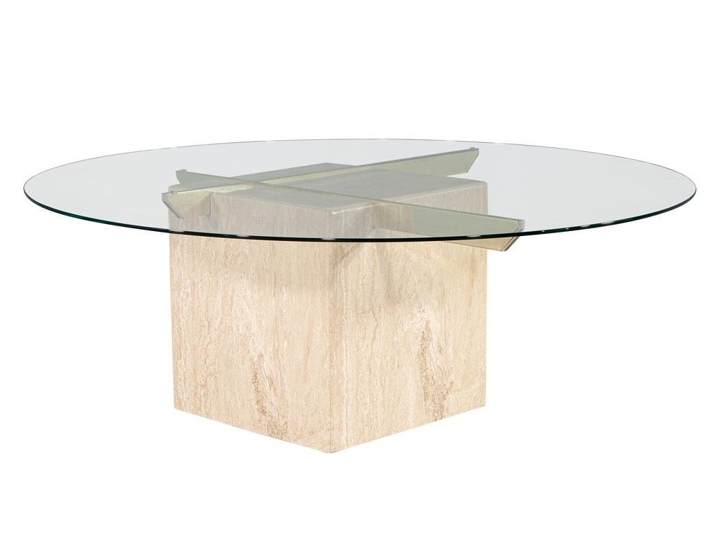 Vintage Italian Travertine and Glass Top Cocktail Table For Sale 3