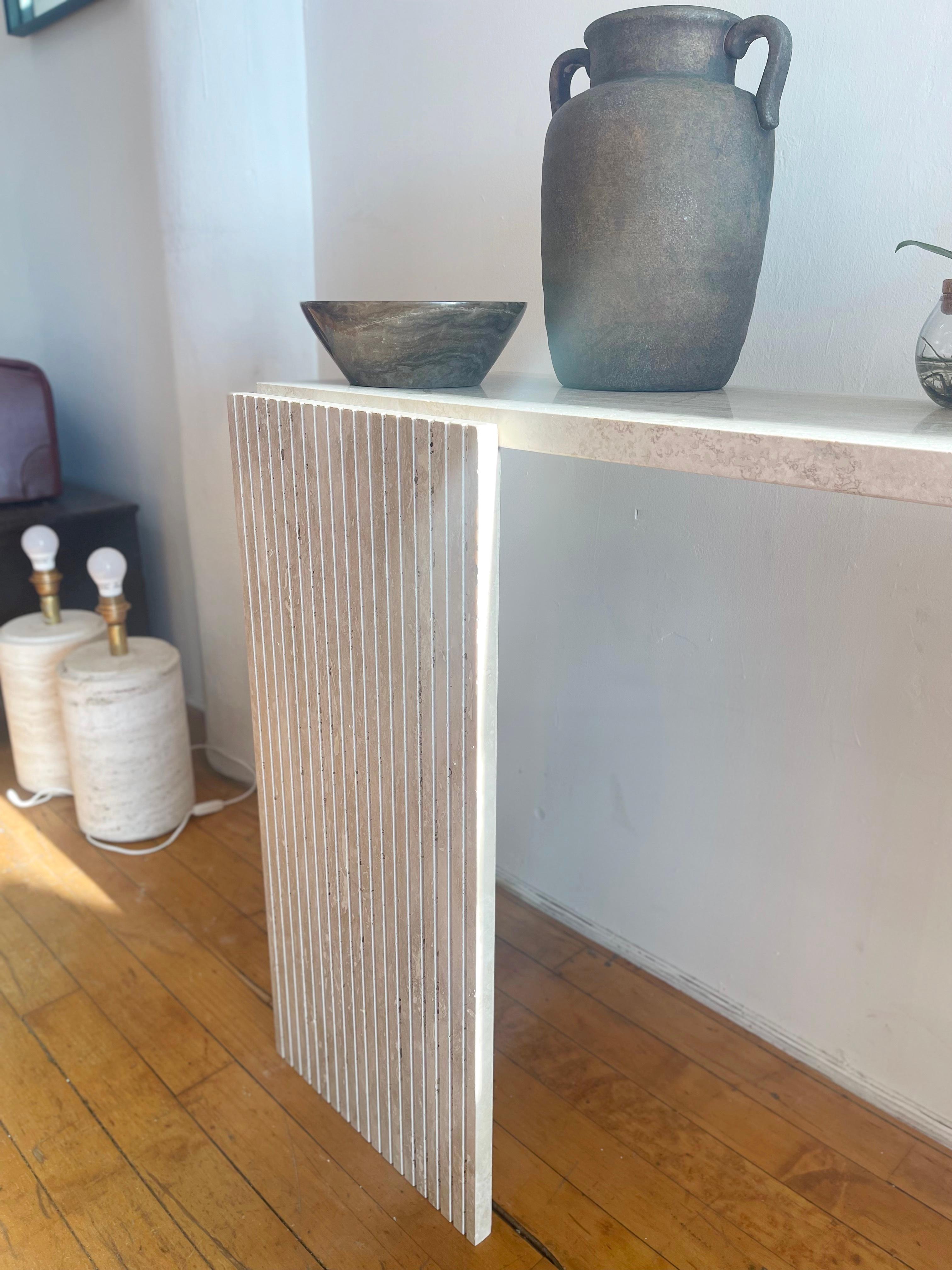 Vintage Italian Travertine Console Table with triangle shaped legs 1970s 4