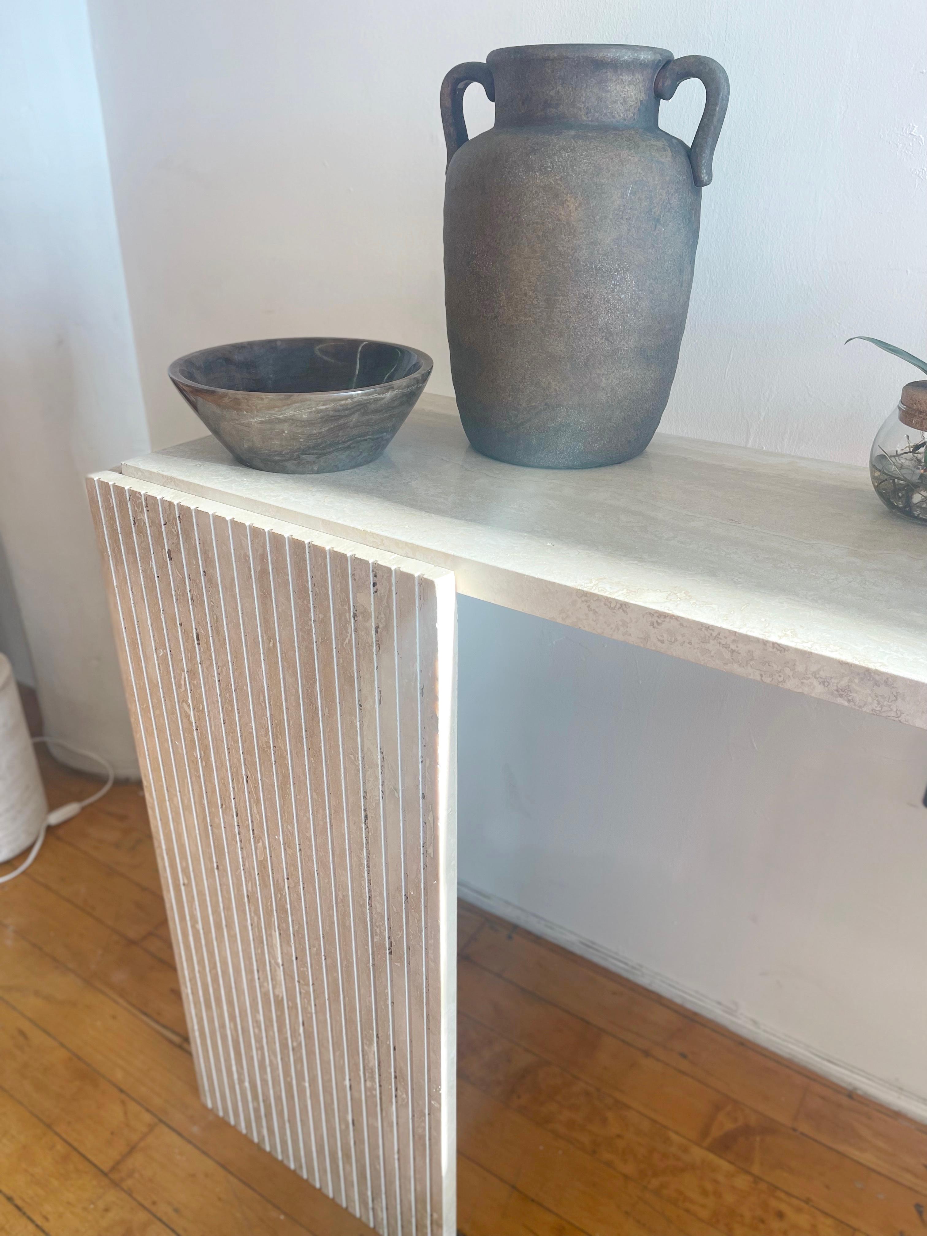 Vintage Italian Travertine Console Table with triangle shaped legs 1970s 5