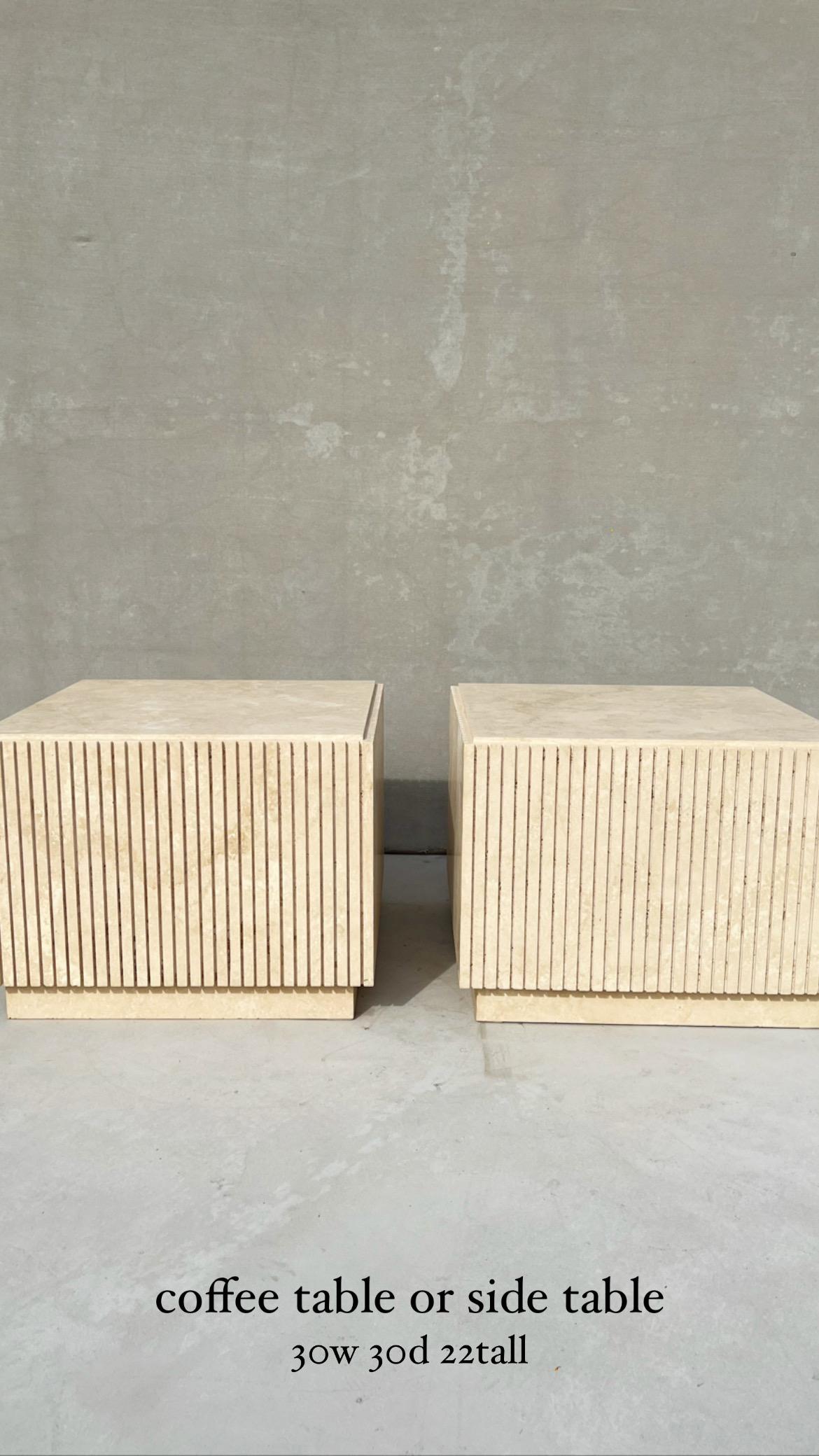 Vintage Italian Travertine Fluted Cube Side Tables - Set of 2

Extraordinary, one of a kind, custom made, vintage Italian fluted travertine cube tables 

The travertine, a work of naturally occurring art, is splashed with colors of pearly whites,