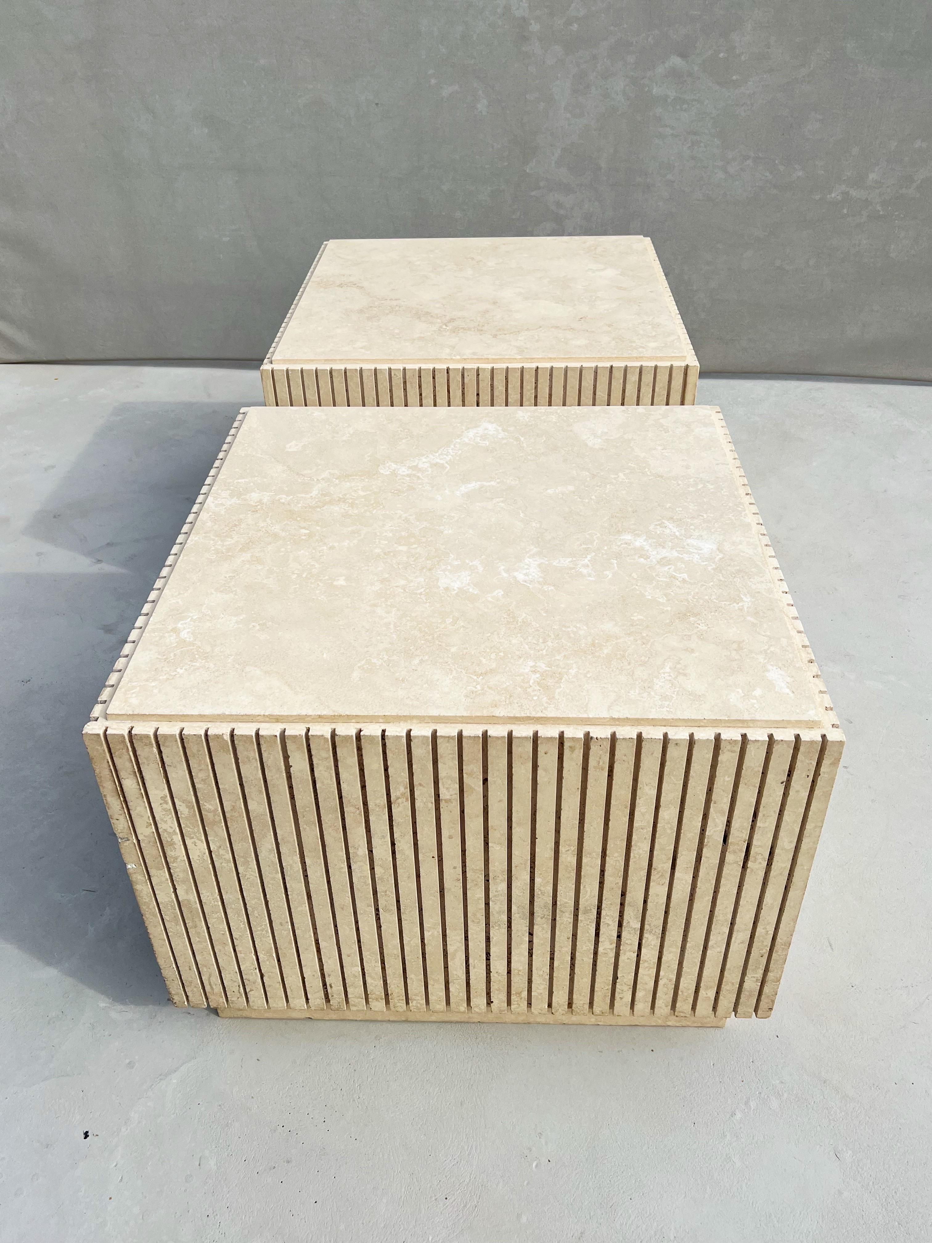 Vintage Italian Travertine Fluted Cube Side Tables - Set of 2 In Good Condition In Phoenix, AZ