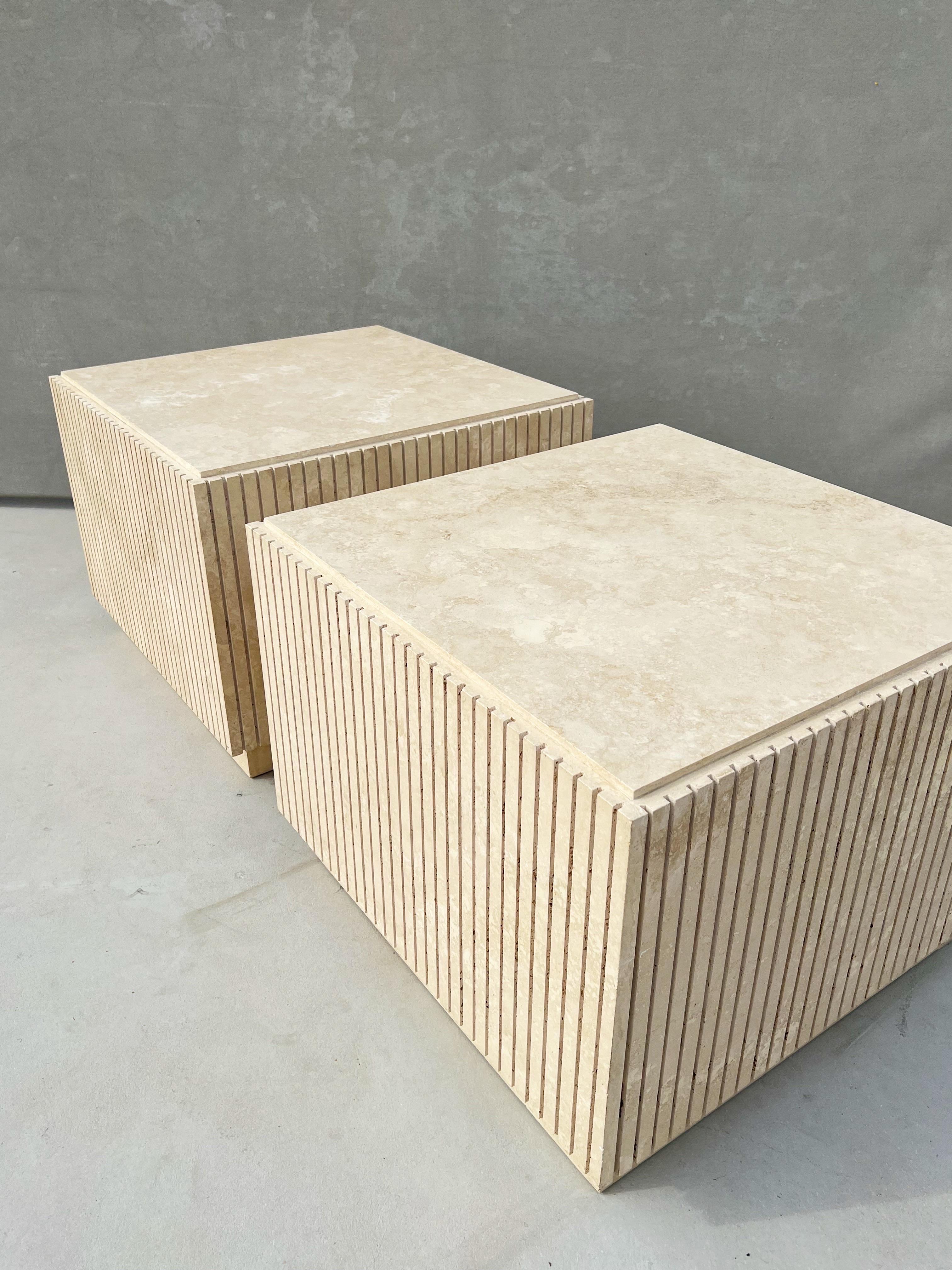 20th Century Vintage Italian Travertine Fluted Cube Side Tables - Set of 2
