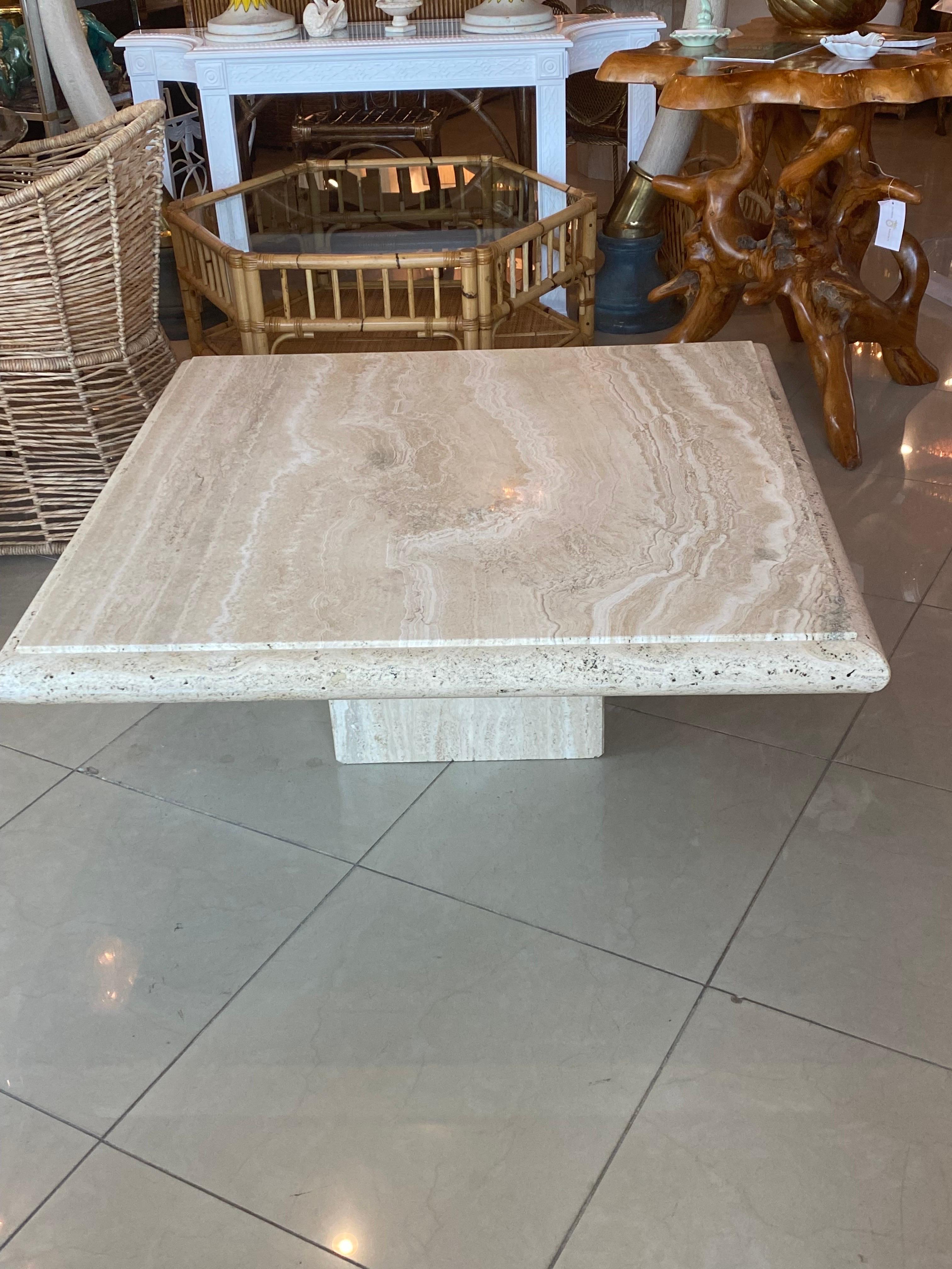 Vintage travertine stone coffee cocktail table made in Italy by International Stone. Dimensions: 16 H x 41.5 W x 41.5 D.