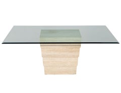 Vintage Italian Travertine Marble Base Glass Top Dining Table