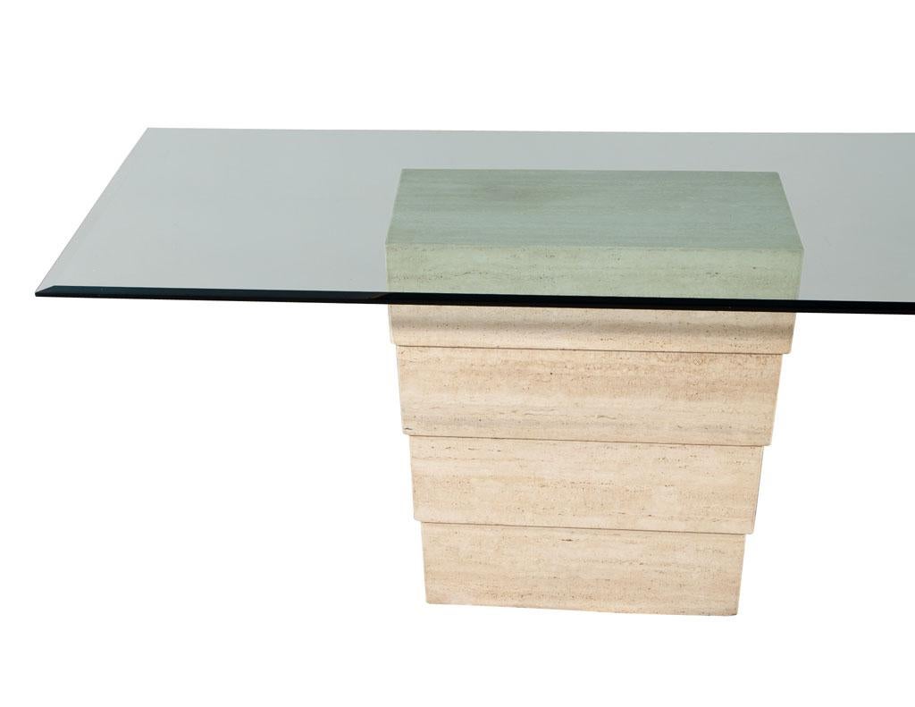 Modern Vintage Italian Travertine Marble Base Glass Top Dining Table