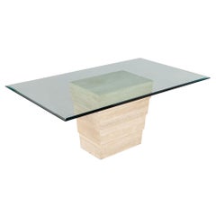 Vintage Italian Travertine Marble Base Glass Top Dining Table