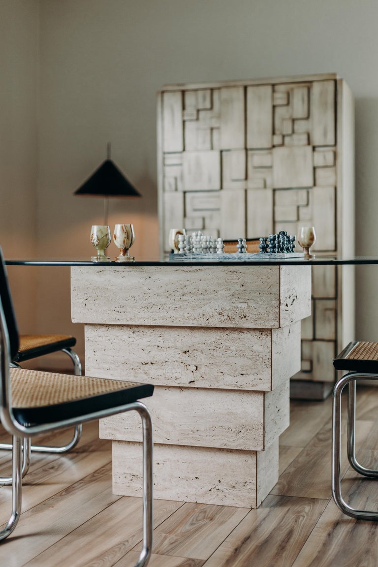 Vintage Italian Travertine Marble Stepped Pedestal Round Dining Table