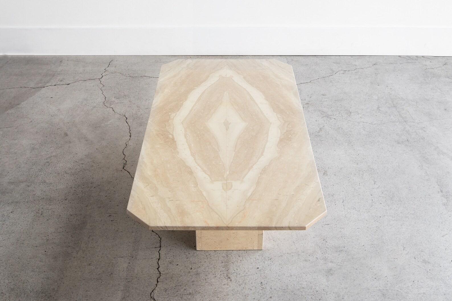 Late 20th Century Vintage Italian Travertine Pedestal Coffee Table Diamond Pattern Made in Italy For Sale