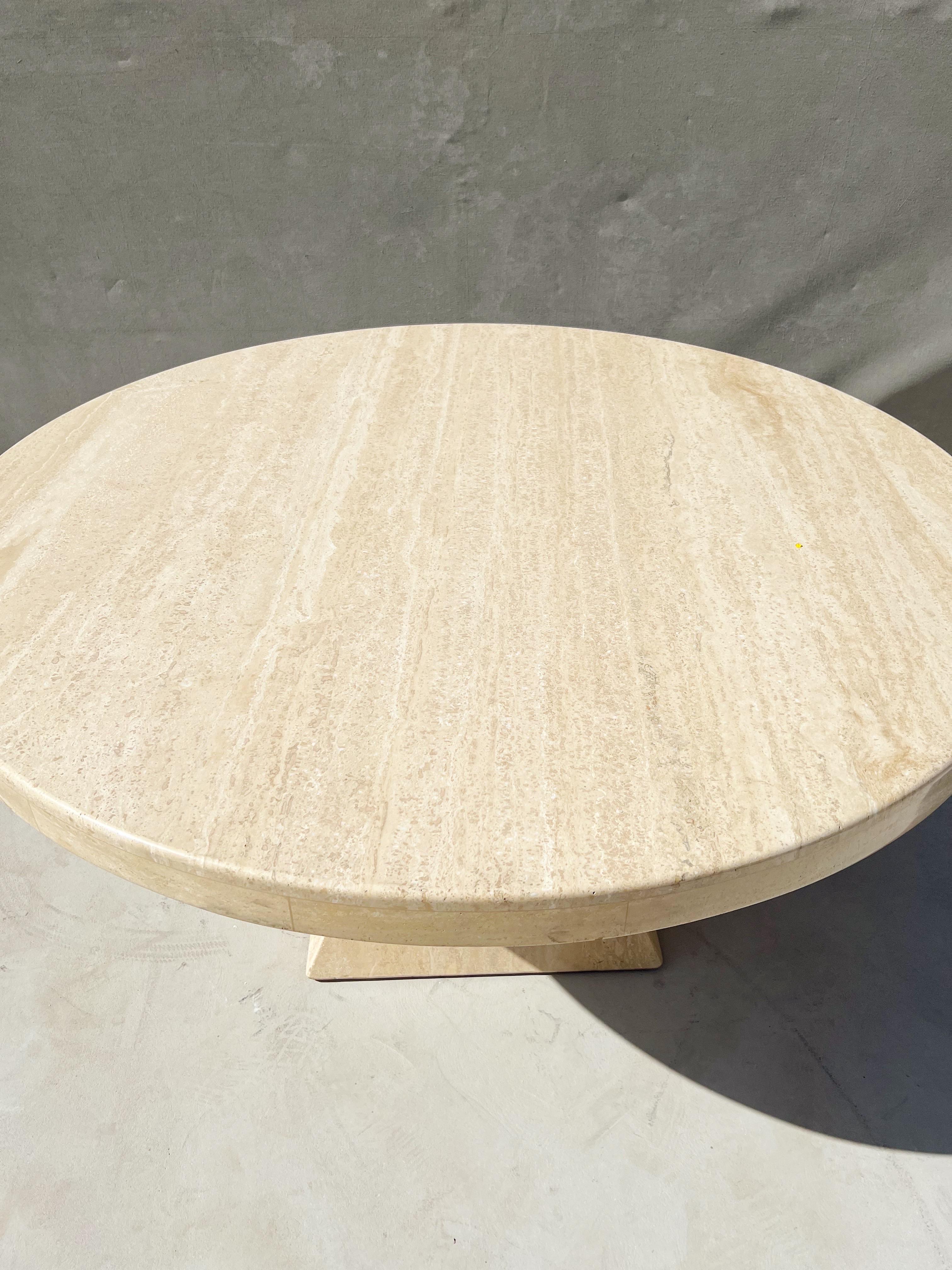 Modern Vintage Italian Travertine Round Dining Table with Sculptural Base For Sale