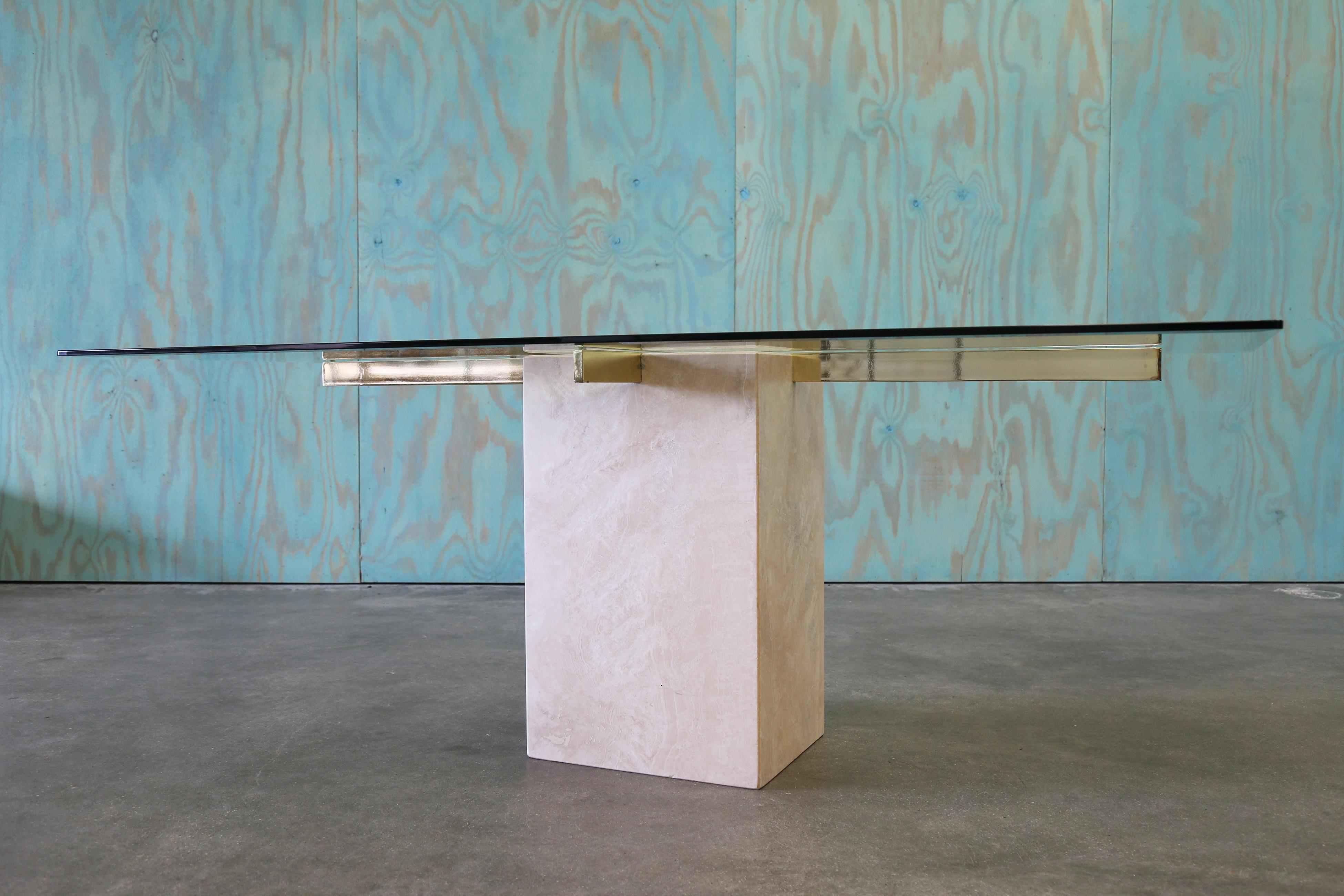 Mid-Century Modern Vintage Italian Travertine Stone & Brass Dining Table Post Modern Artedi For Sale