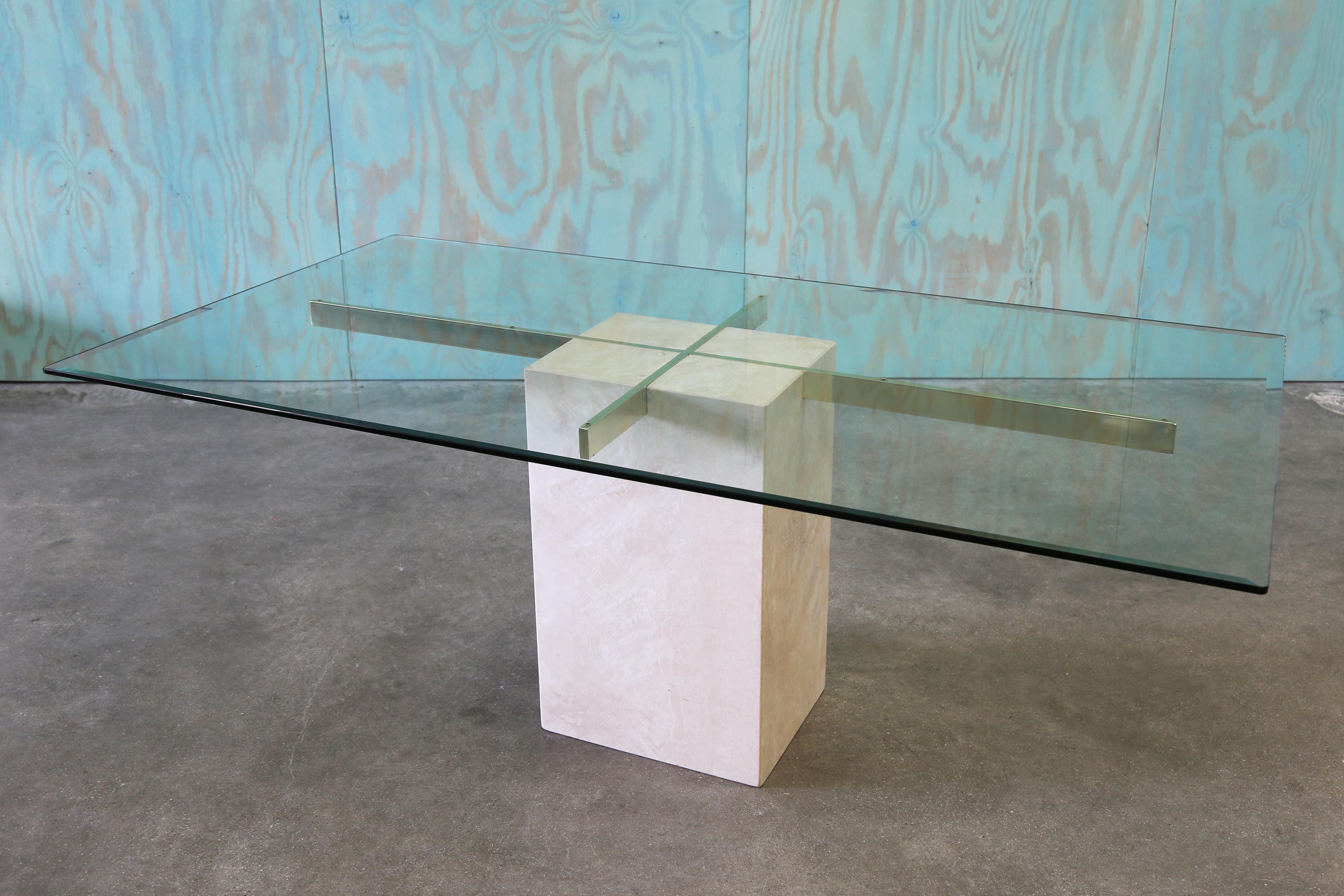 Vintage Italian Travertine Stone & Brass Dining Table Post Modern Artedi In Fair Condition For Sale In Virginia Beach, VA