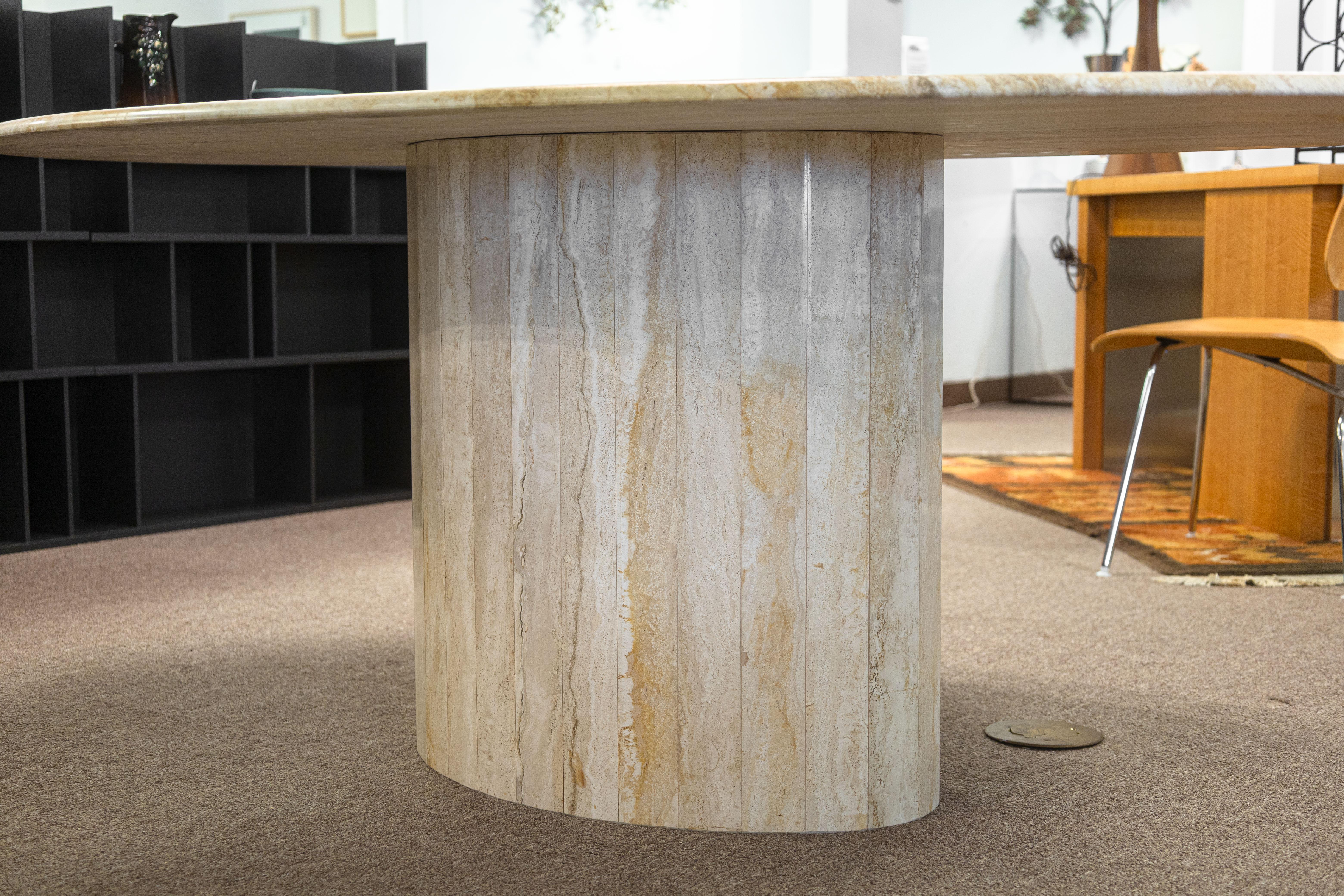 Vintage Italian Travertine Stone Oval Shaped Pedestal Base Dining Table For Sale 1