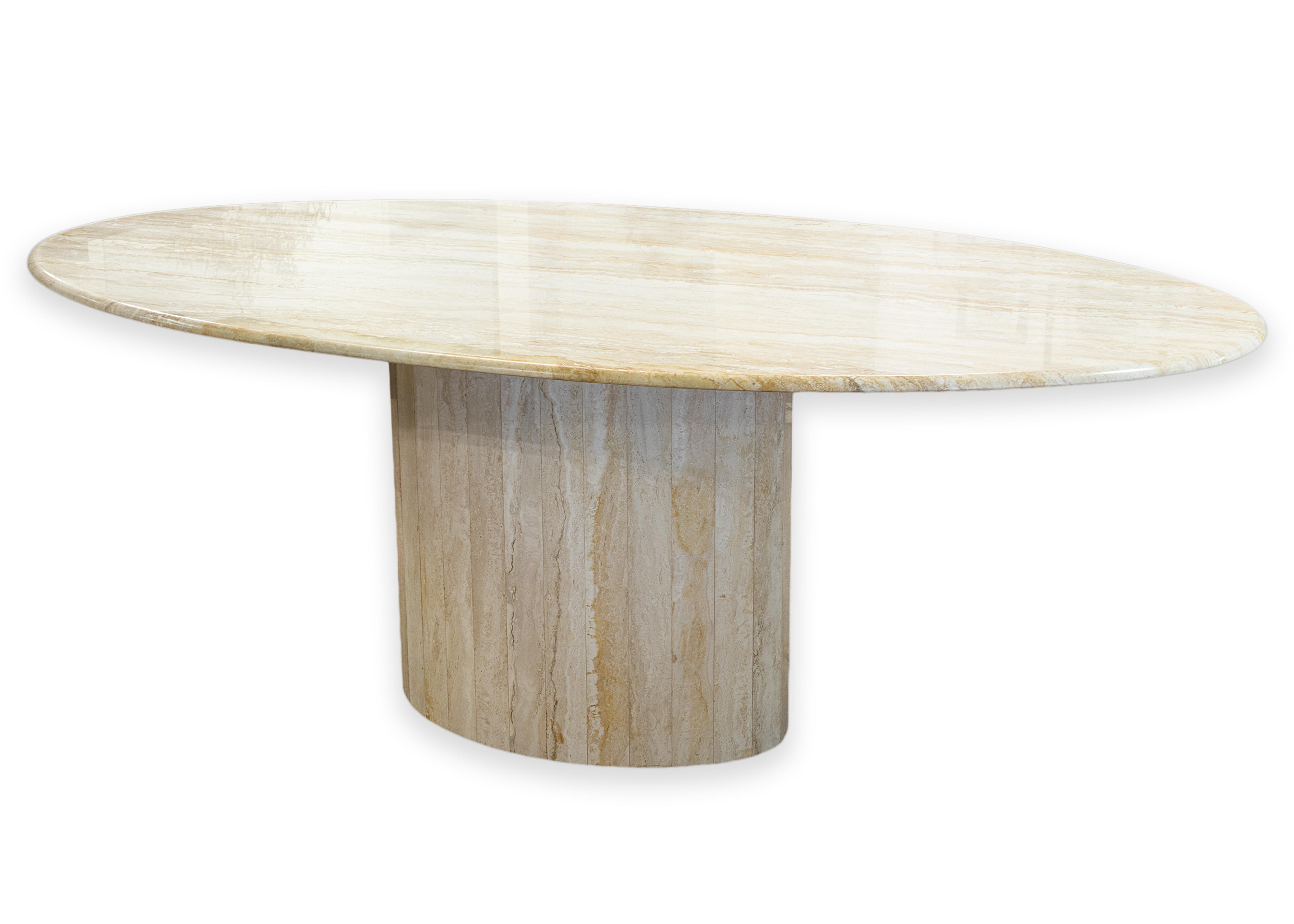 Vintage Italian Travertine Stone Oval Shaped Pedestal Base Dining Table For Sale 3