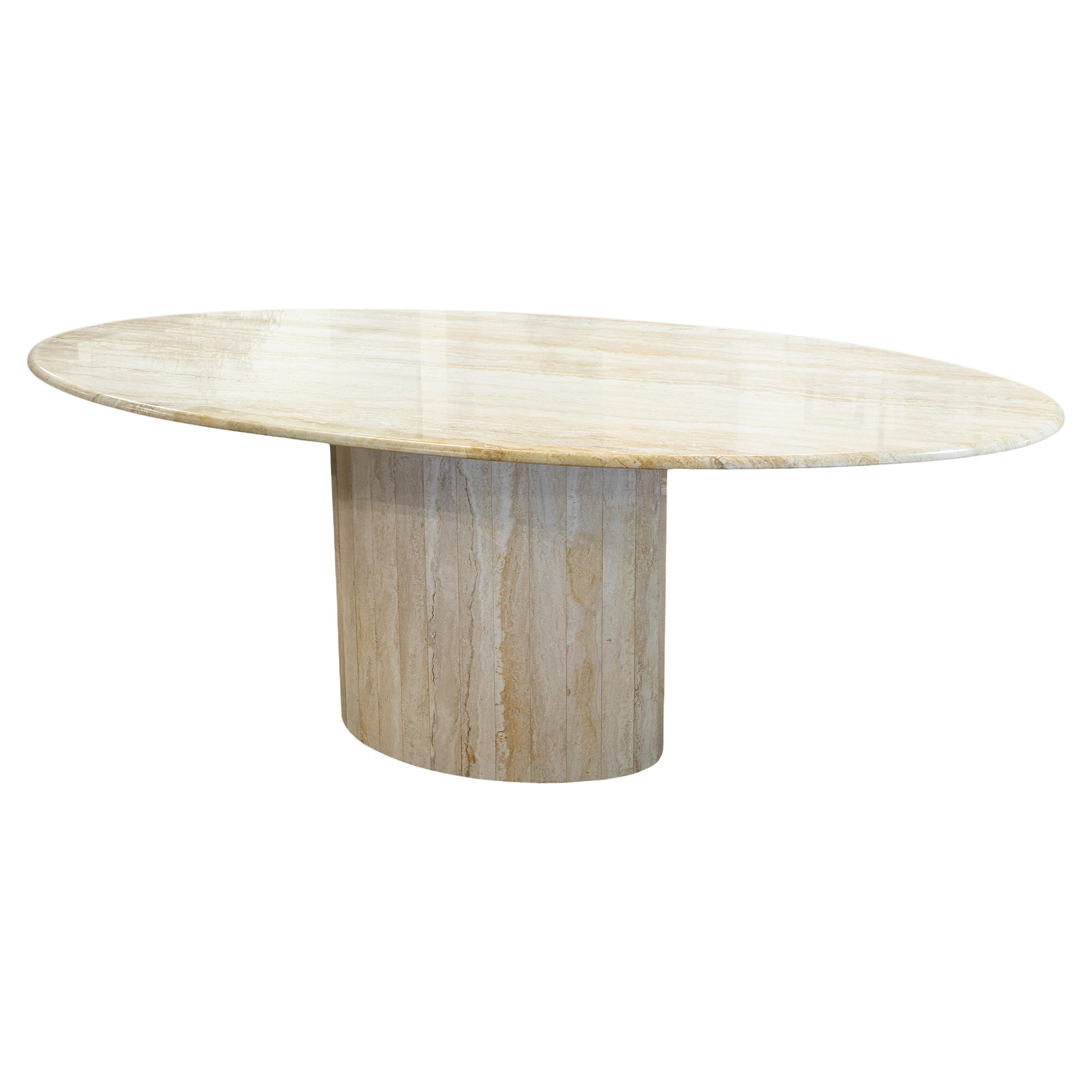 Vintage Italian Travertine Stone Oval Shaped Pedestal Base Dining Table For Sale