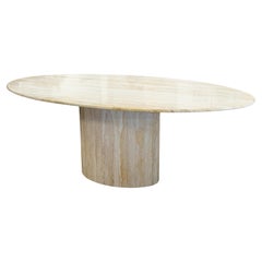Vintage Italian Travertine Stone Oval Shaped Pedestal Base Dining Table