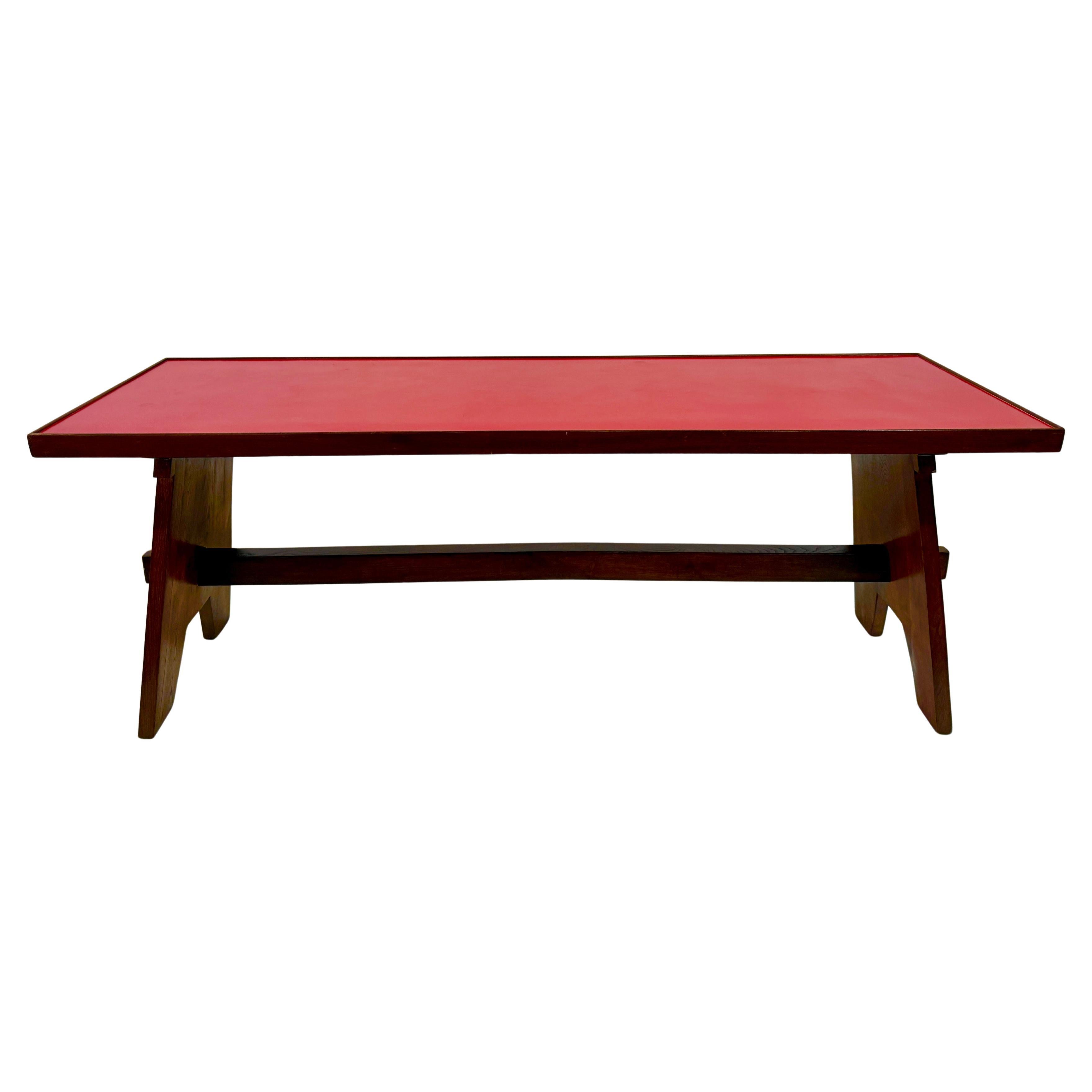 Vintage Italian Trestle Long Console w/ Red Top For Sale