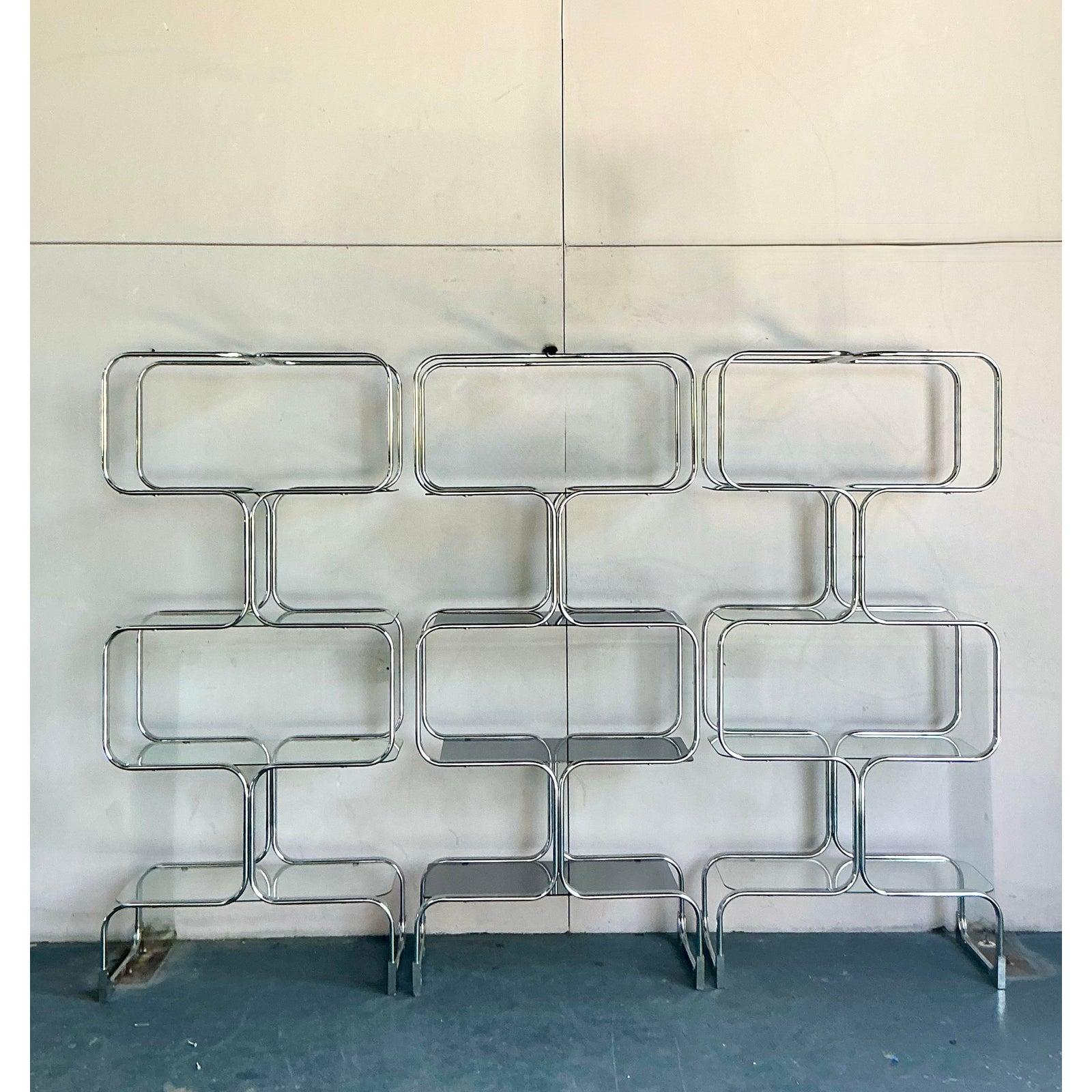 Chrome Etagère vintage italienne en chrome Tricom - Lot de 3 en vente