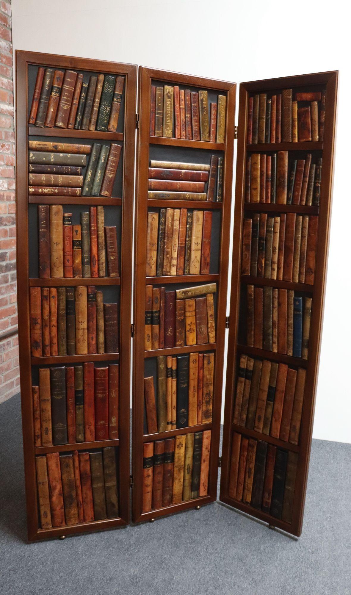 Vintage Italian Trompe L'Oeil Leather Book Library Folding Screen by Sarreid en vente 12