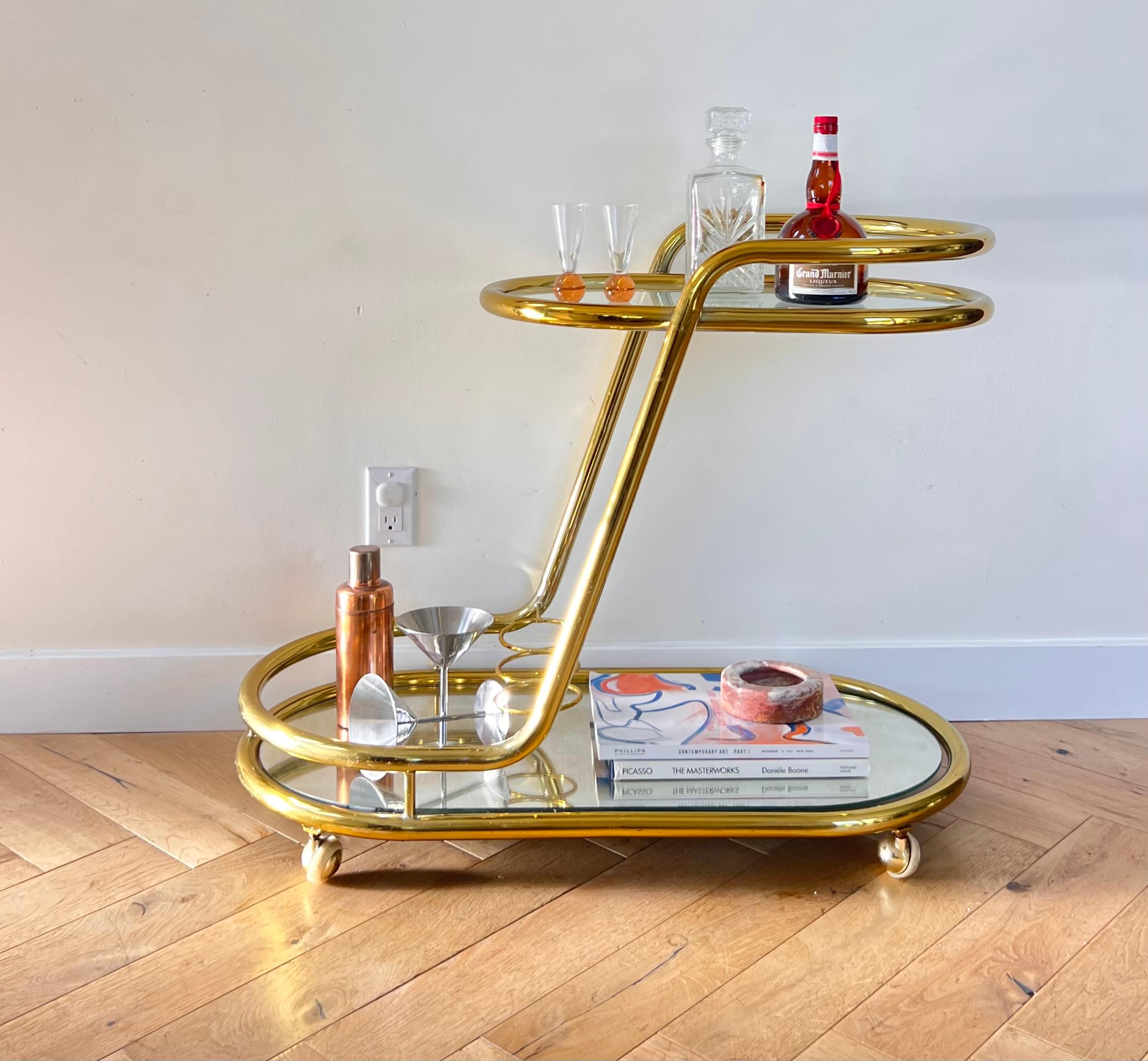 Post-Modern Vintage Italian Tubular Gilded Chrome Bar Cart, 1970s