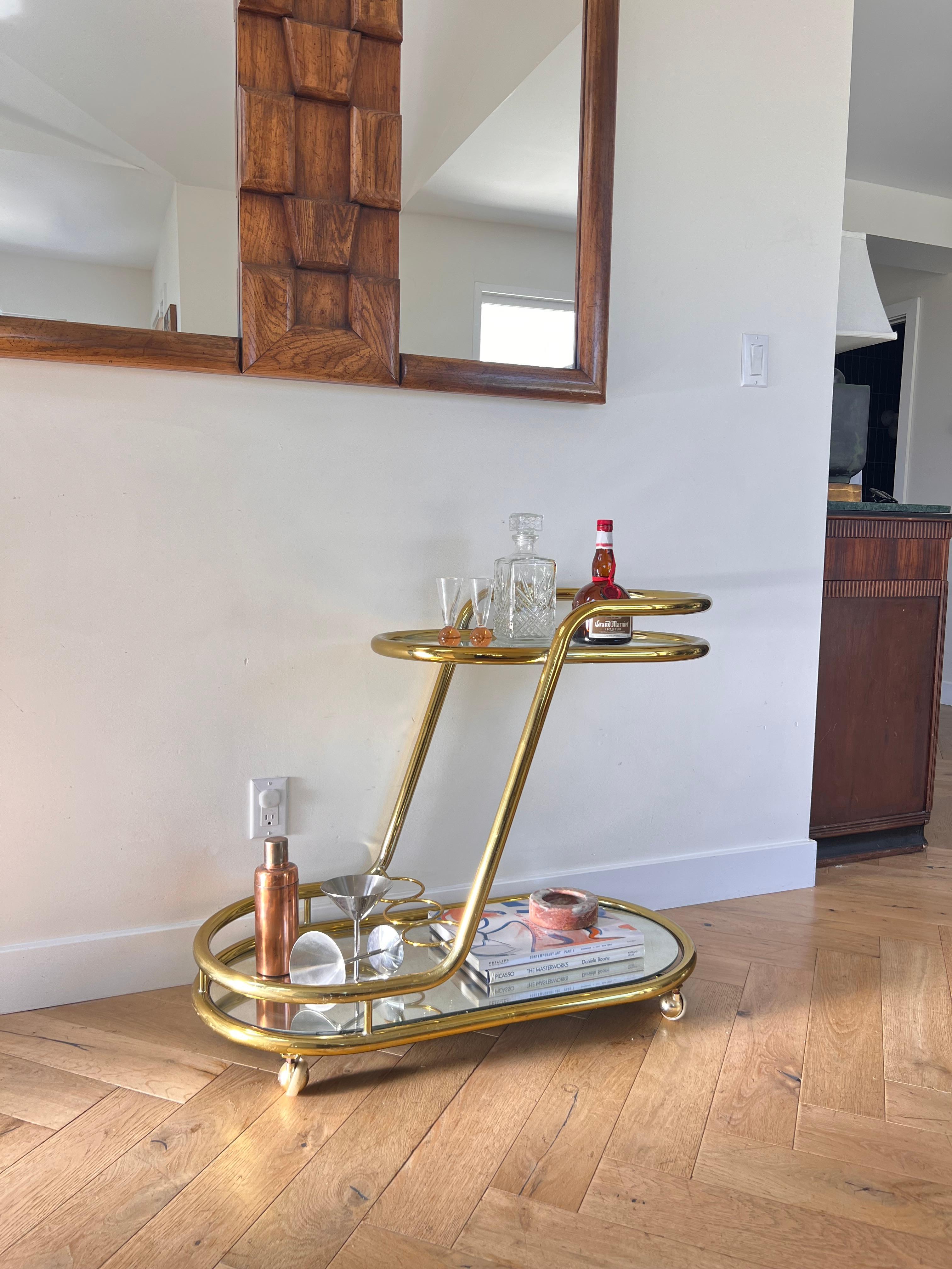 Vintage Italian Tubular Gilded Chrome Bar Cart, 1970s In Good Condition In View Park, CA