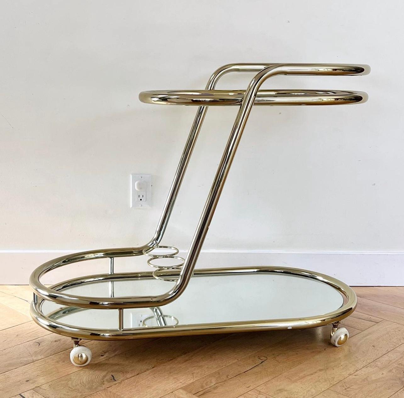 Vintage Italian Tubular Gilded Chrome Bar Cart, 1970s In Good Condition For Sale In View Park, CA